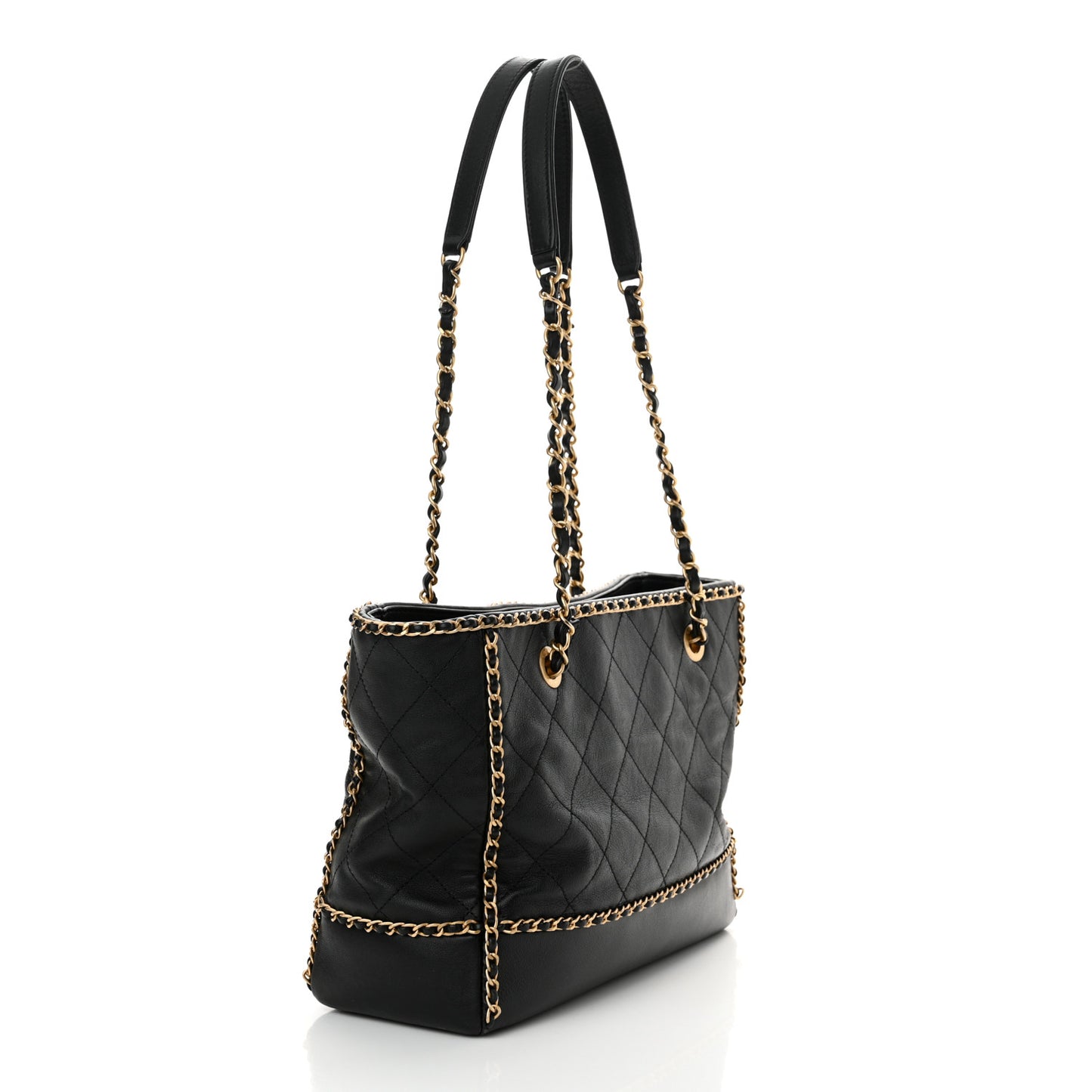 Calfskin Quilted Chain Lines Shopping Tote Black
