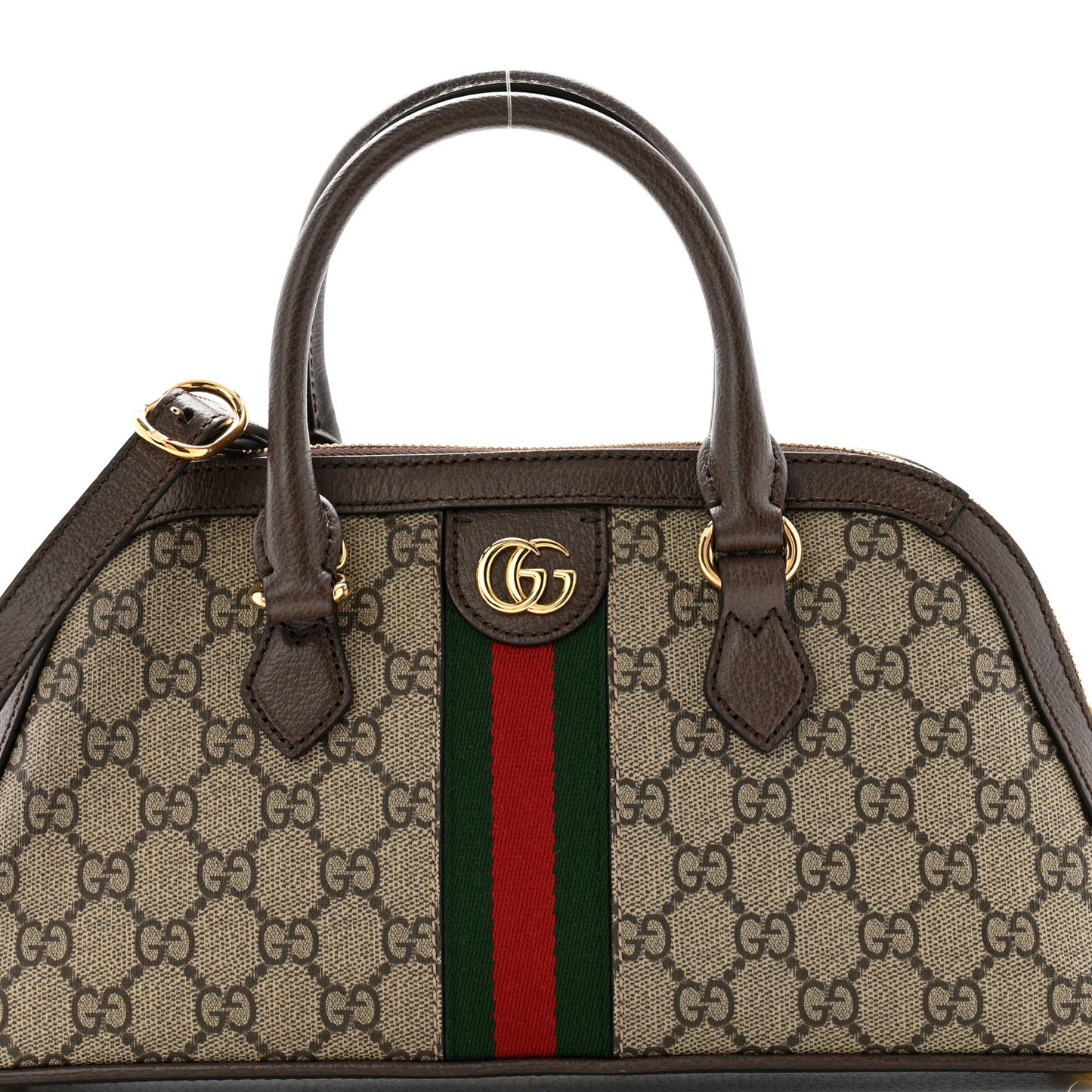 GG Supreme Monogram Textured Dollar Calfskin Web Medium Ophidia Top Handle Bowler Bag Beige Ebony New Acero