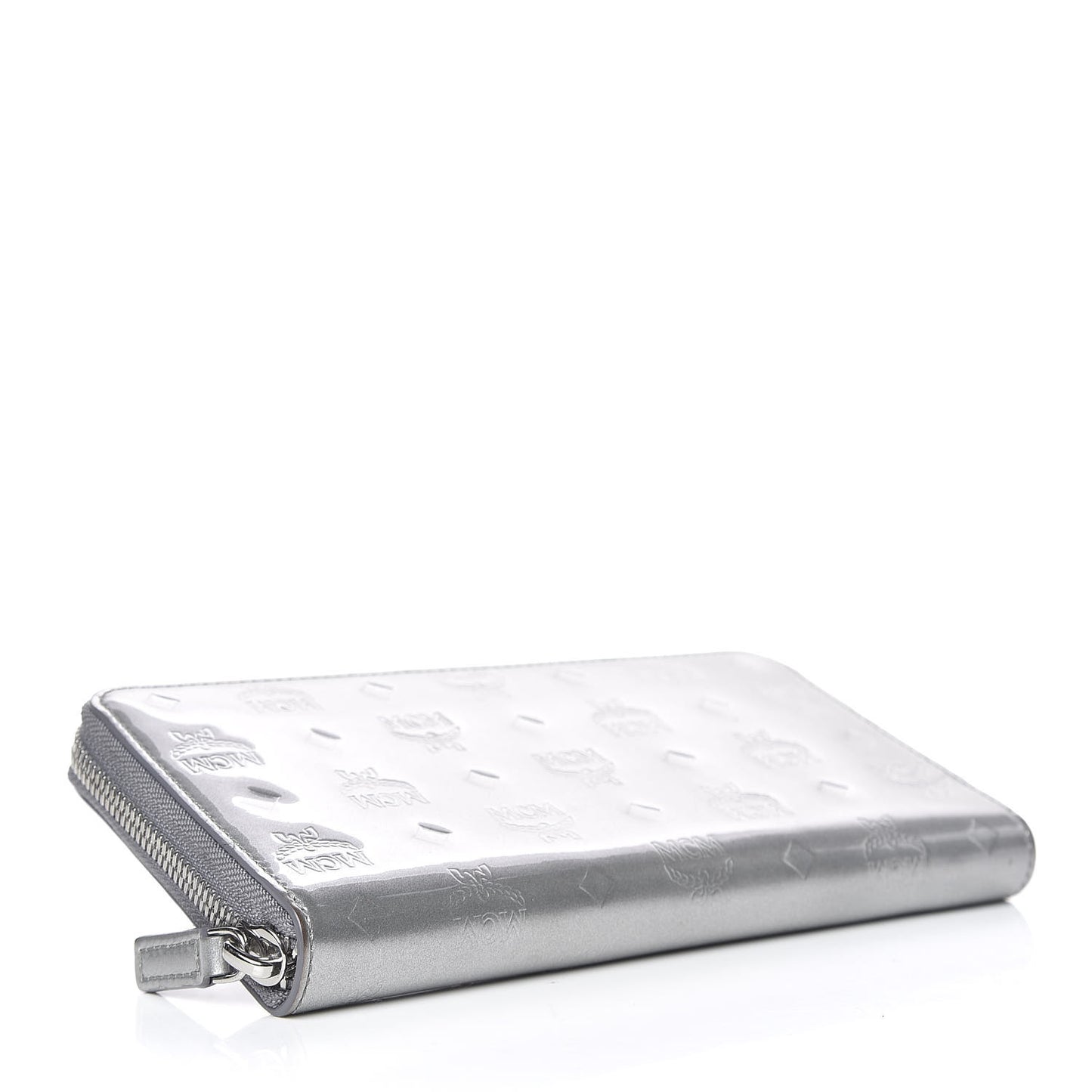Metallic Monogram Patent Large Zip Around Wallet Silver
