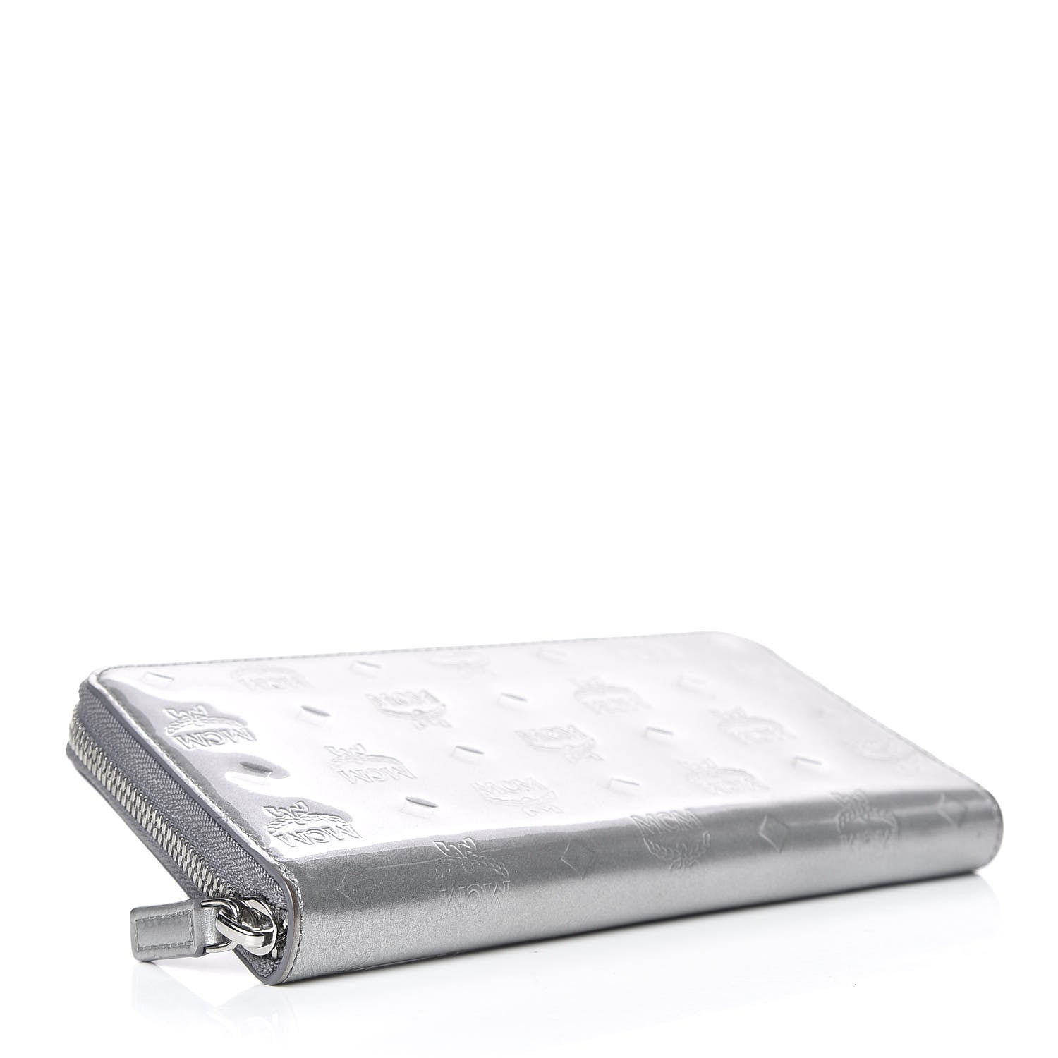MCM Metallic Monogram Patent Large Zip Around Wallet Silver 4 of 10
