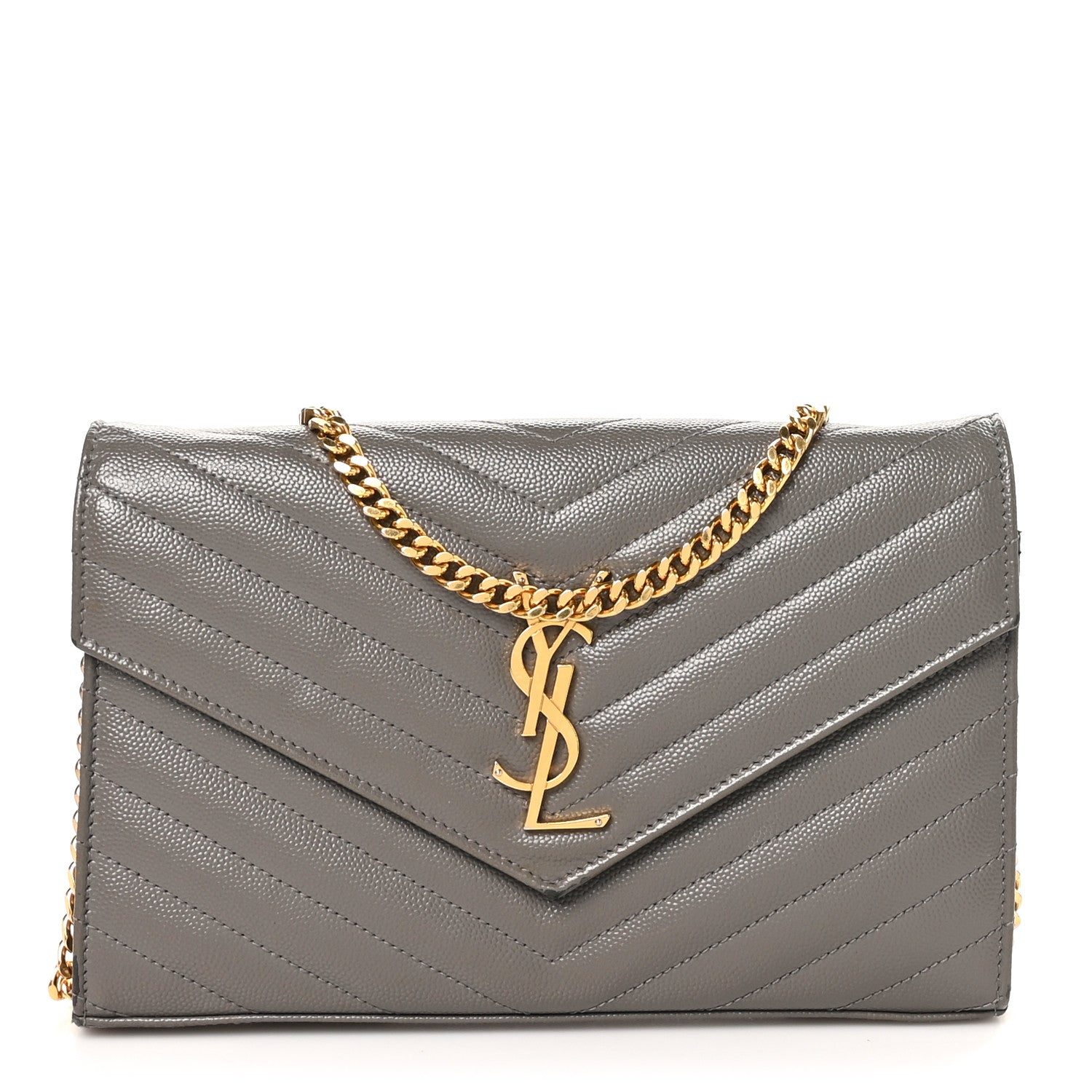 Saint Laurent Grain De Poudre Matelasse Chevron Monogram Chain Wallet Fog 1 of 11