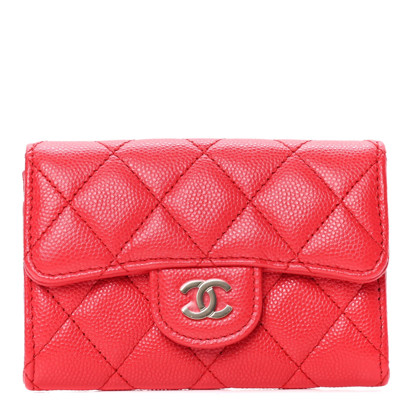 Caviar Quilted Flap Card Holder Wallet Red