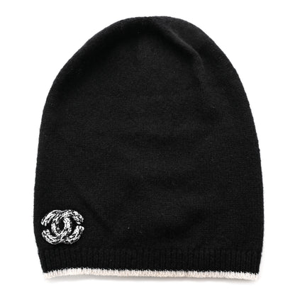 Chanel Cashmere Silk CC Beanie Hat Black White 1 of 6