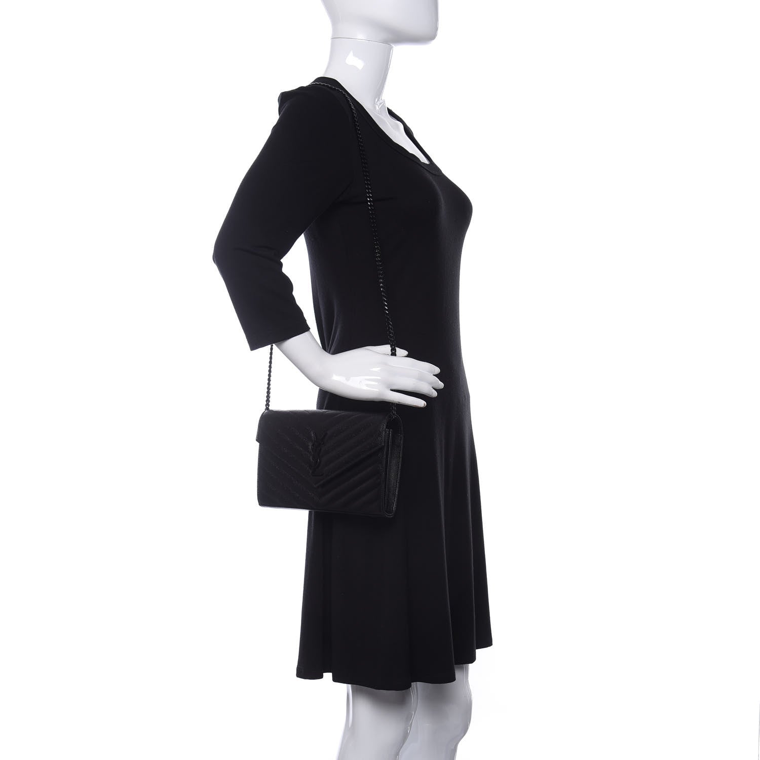 Saint Laurent Grain De Poudre Matelasse Chevron Monogram Chain Wallet Black 2 of 9