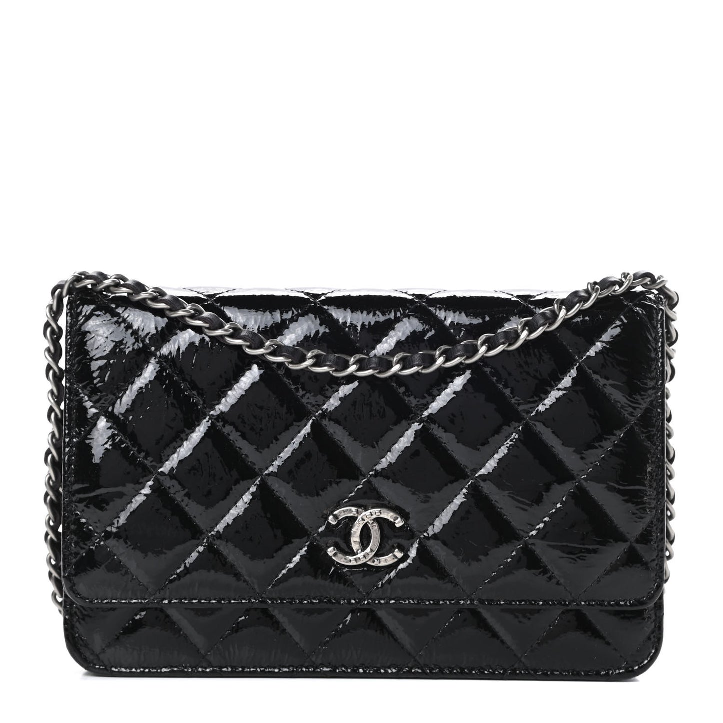 Patent Quilted Brilliant Wallet On Chain WOC Black