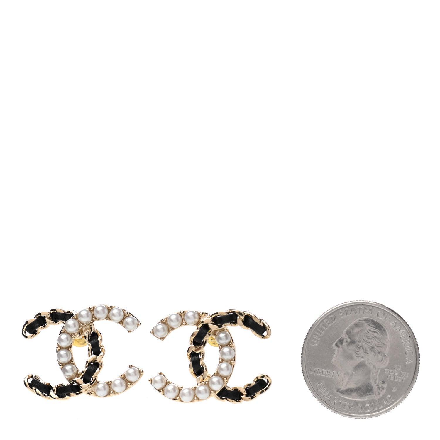 Chanel Pearl Lambskin Chain CC Stud Earrings Gold Black 2 of 5