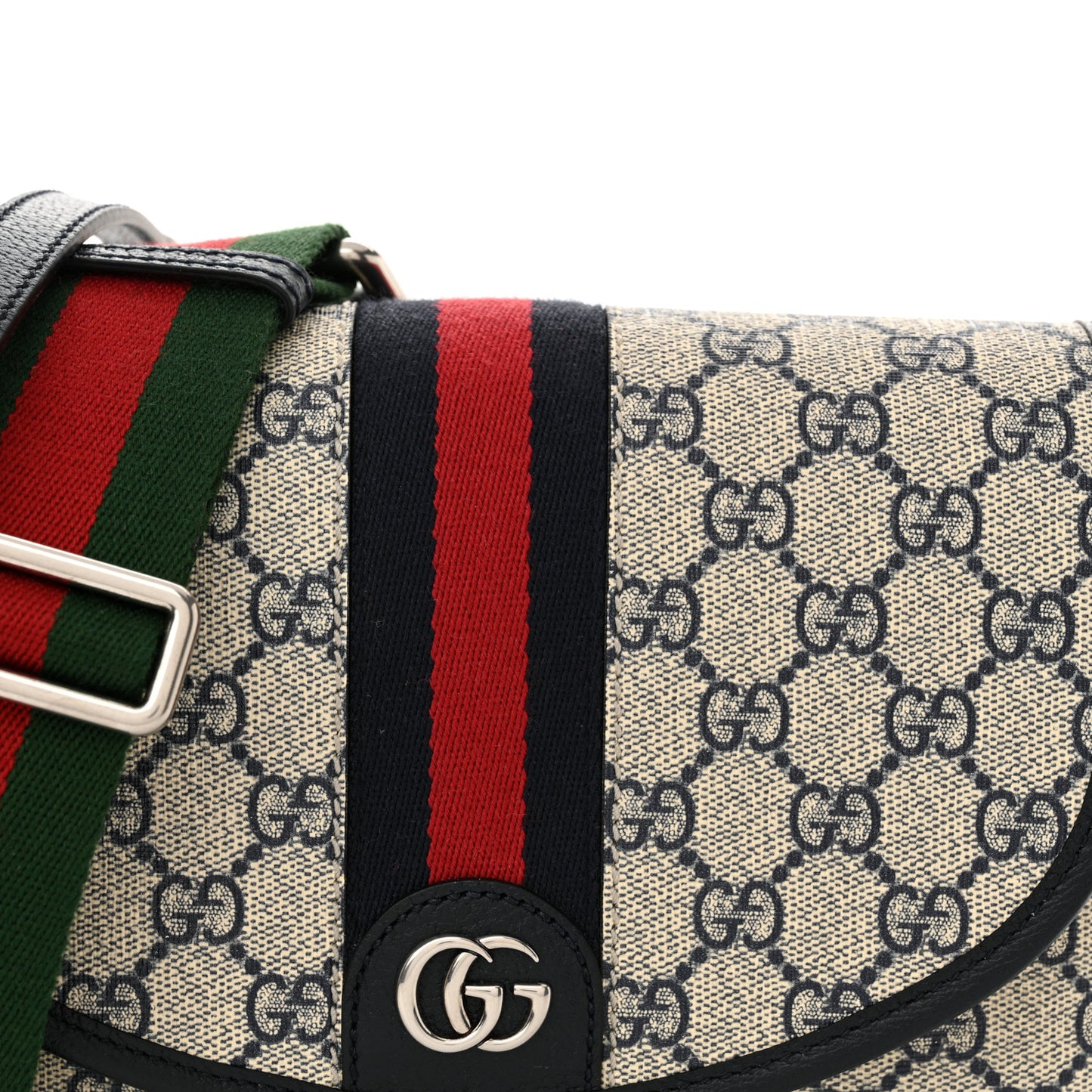 GG Supreme Monogram Textured Dollar Calfskin Web Studded Mini Ophidia Flap Shoulder Bag Beige Blue