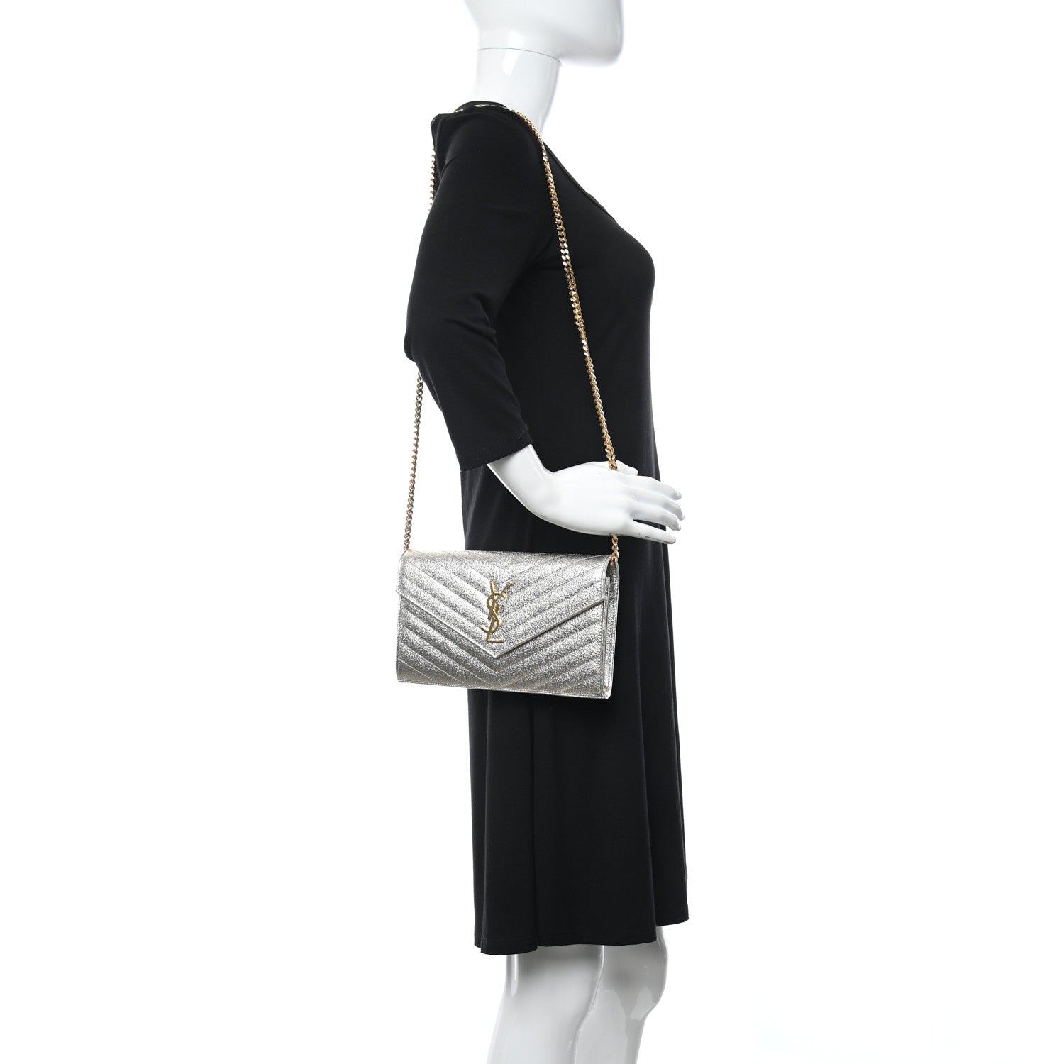 Saint Laurent Metallic Grain De Poudre Matelasse Chevron Monogram Chain Wallet Gold 2 of 15