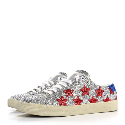Saint Laurent Calfskin Glitter Star Court Sneakers 40 Silver Red 4 of 13