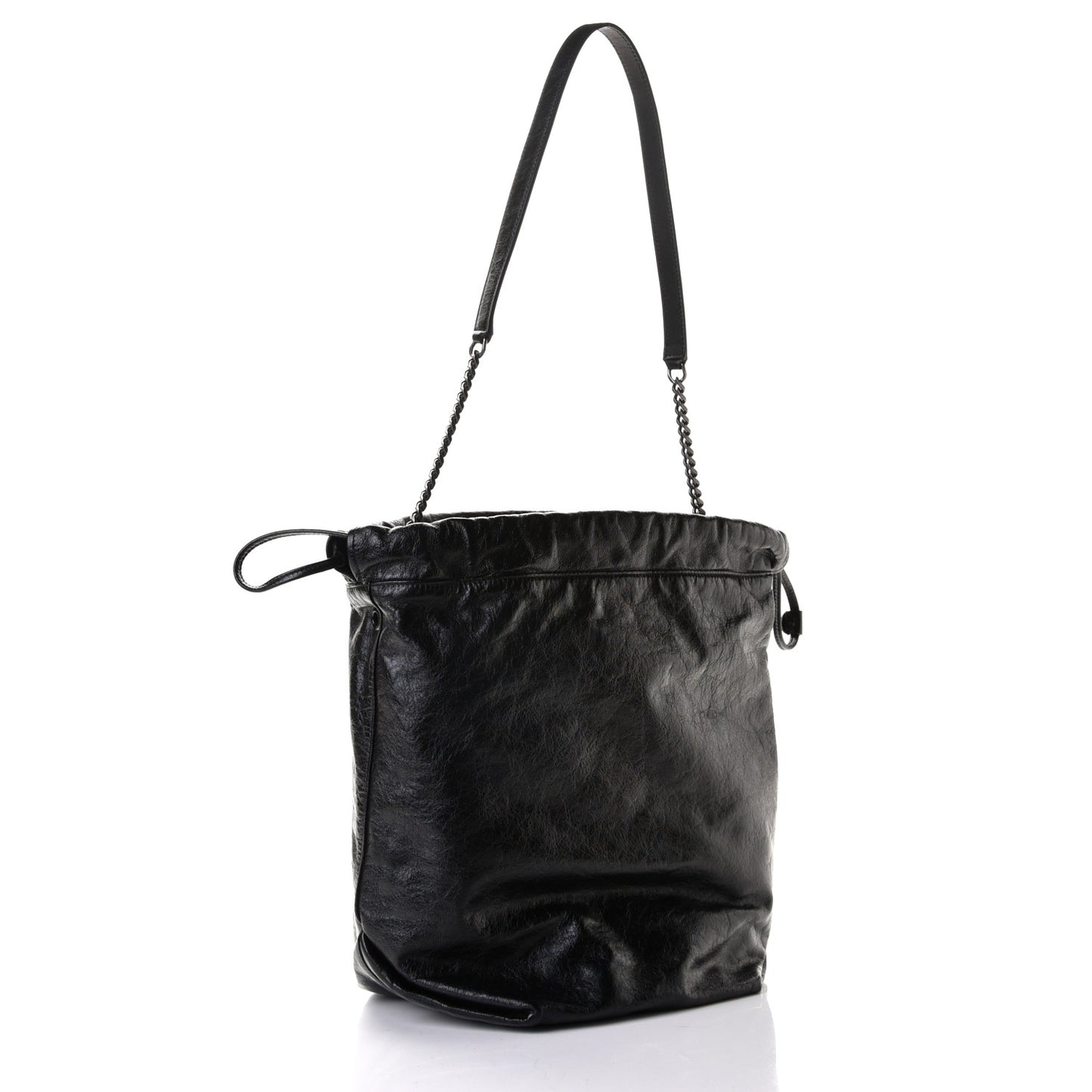 Cracked Shiny Calfskin Teddy Drawstring Bag Black