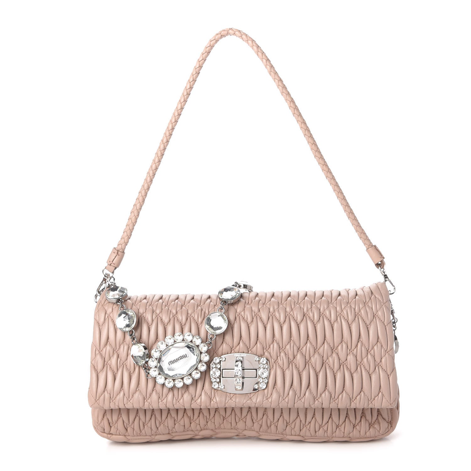 Miu Miu Nappa Matelasse Crystal Flap Clutch Cammeo 1 of 11