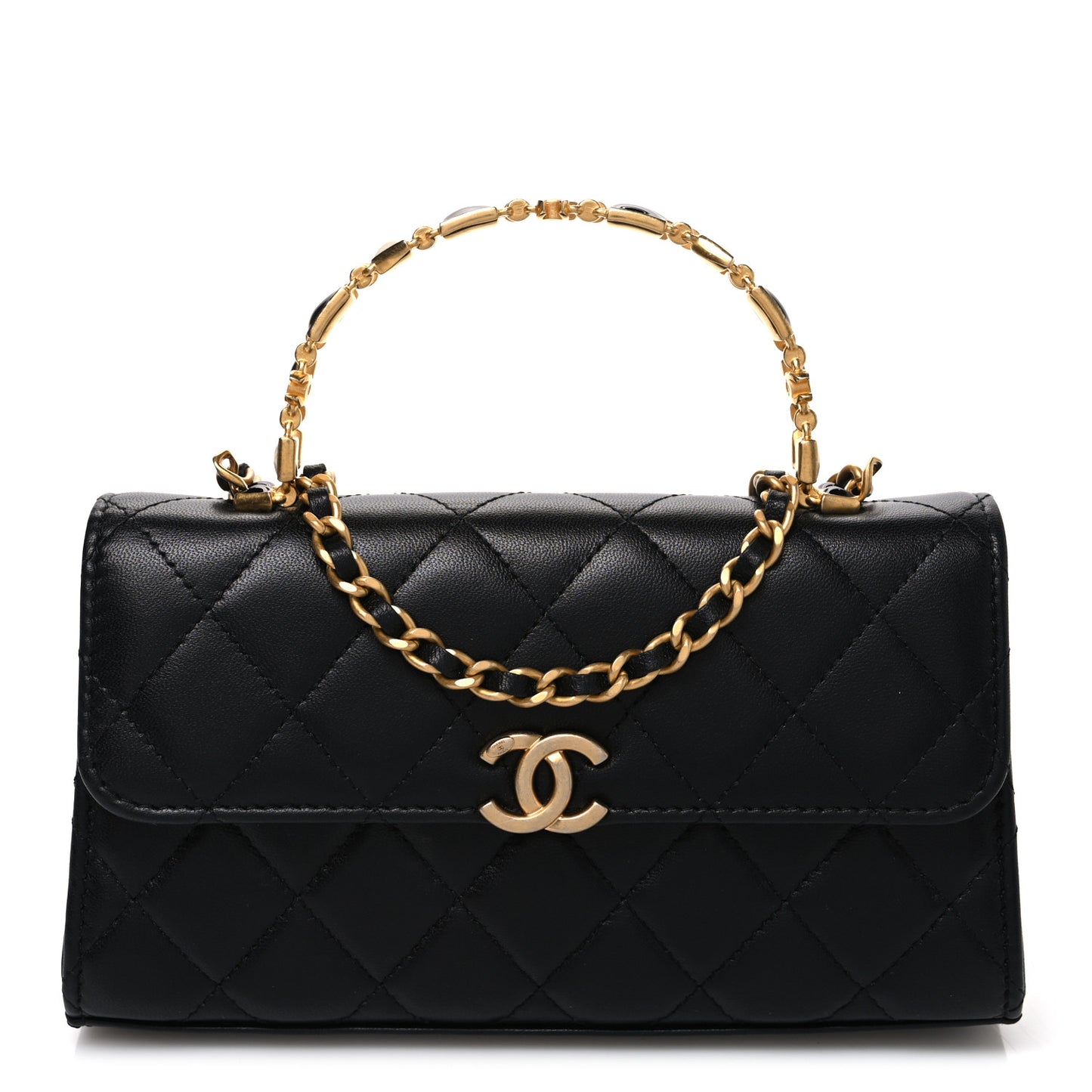 Lambskin Enamel Quilted Top Handle Flap Phone Holder With Chain Black
