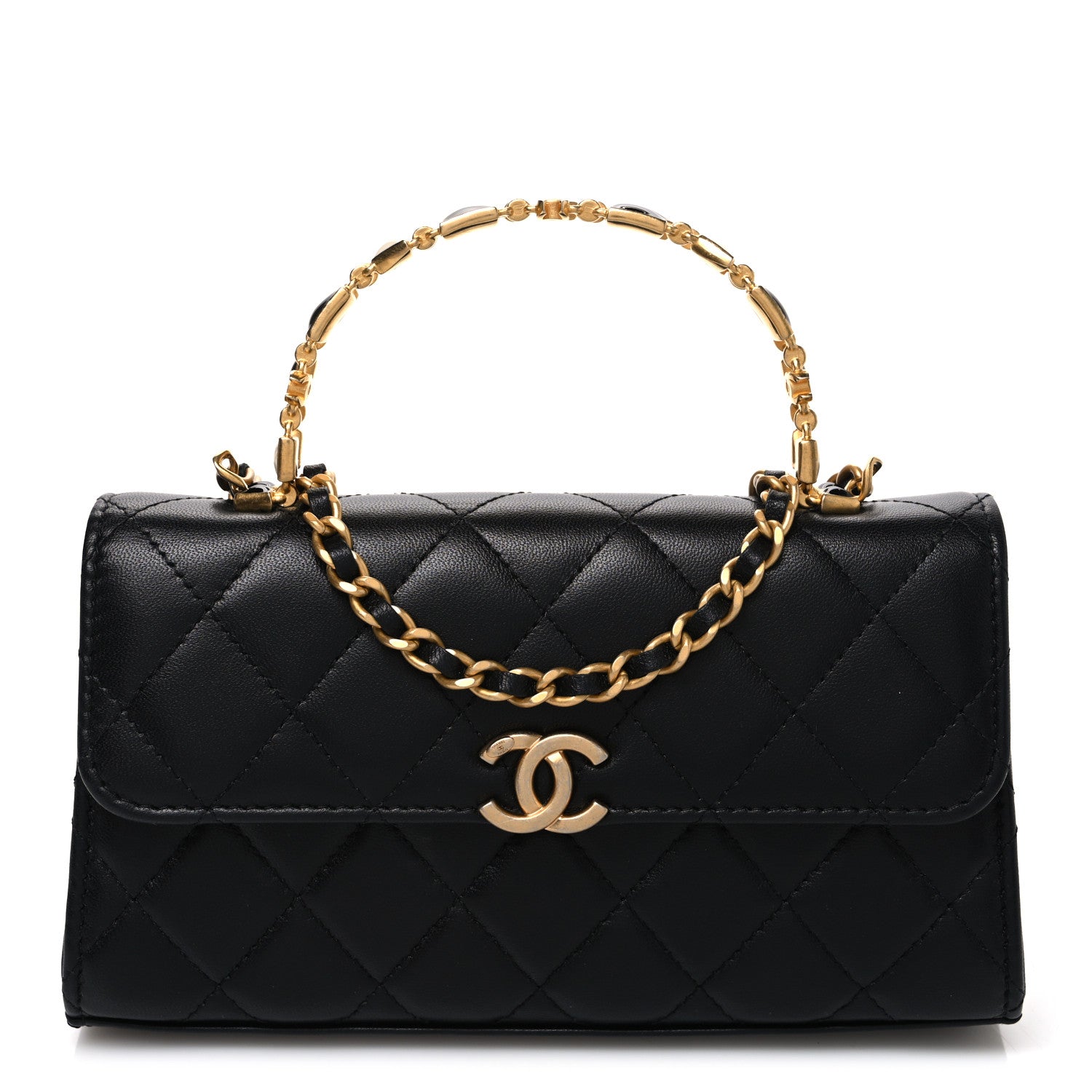 Chanel Lambskin Enamel Quilted Top Handle Flap Phone Holder With Chain Black 1 of 11