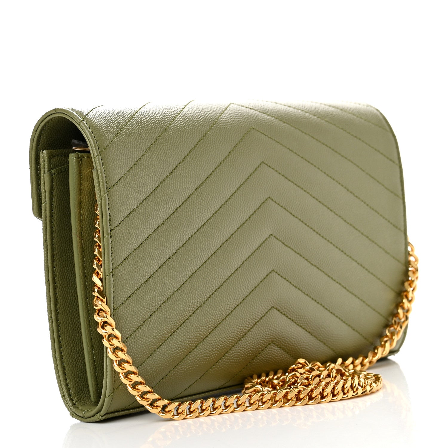 Saint Laurent Grain De Poudre Matelasse Chevron Monogram Chain Wallet Light Sage 3 of 10