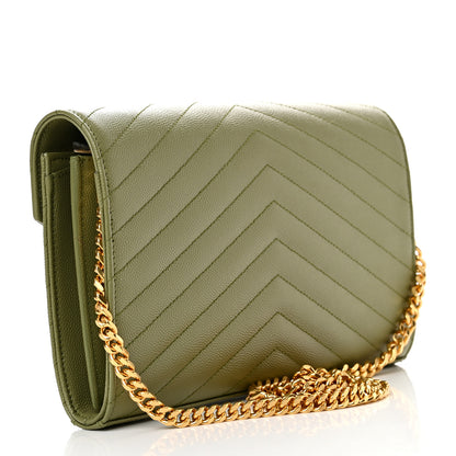 Saint Laurent Grain De Poudre Matelasse Chevron Monogram Chain Wallet Light Sage 3 of 10