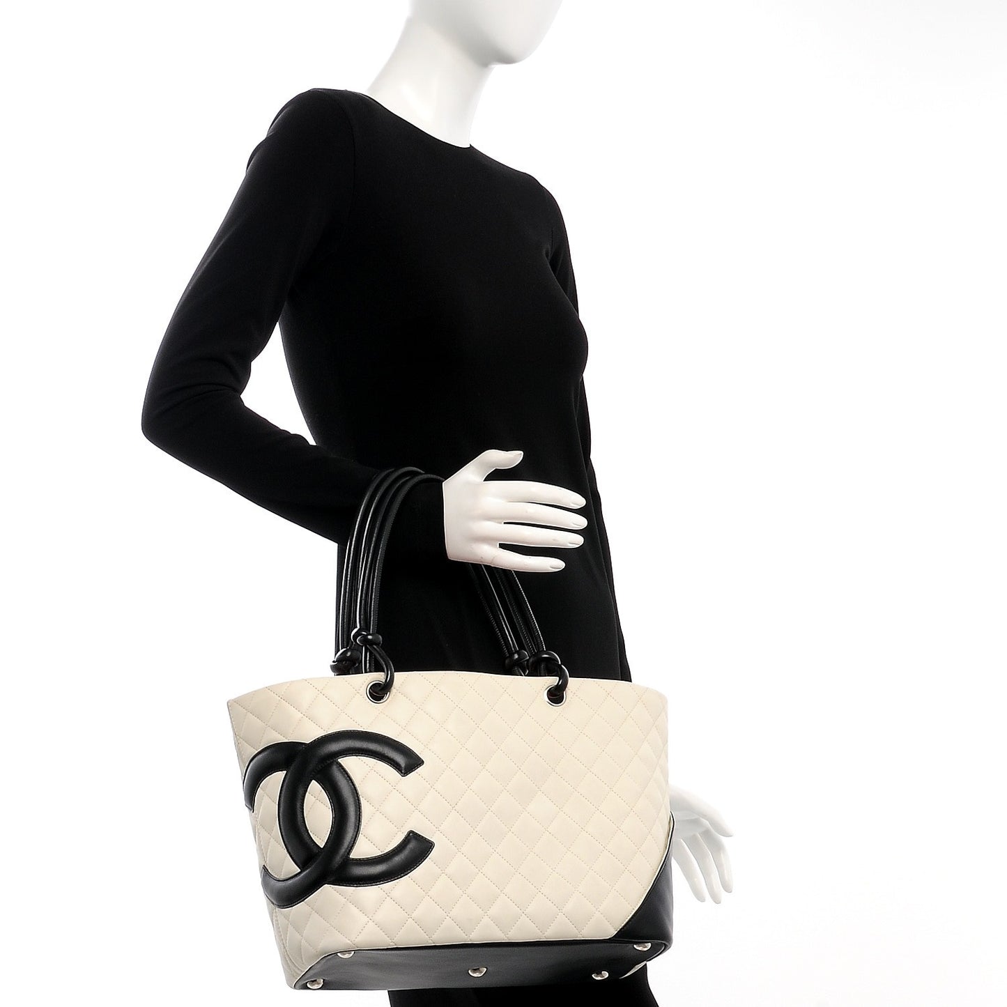 Calfskin Quilted Large Cambon Tote White Black