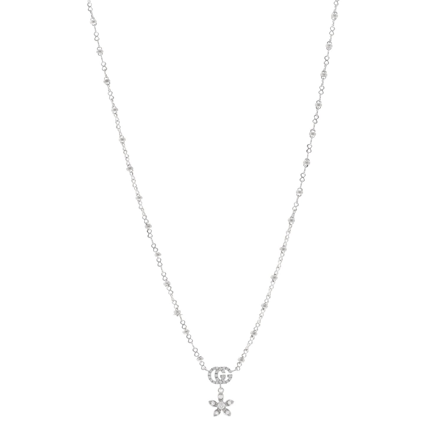Gucci 18K White Gold Diamond Flora GG Pendant Necklace 1 of 4