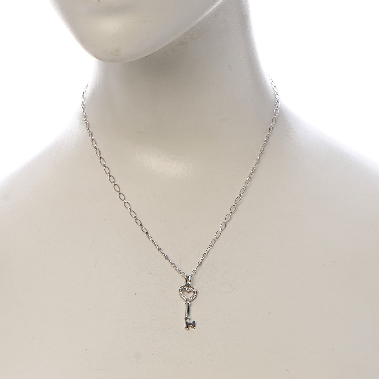 Tiffany 18K White Gold Diamond Mini Heart Key Charm Pendant Link Necklace 2 of 7