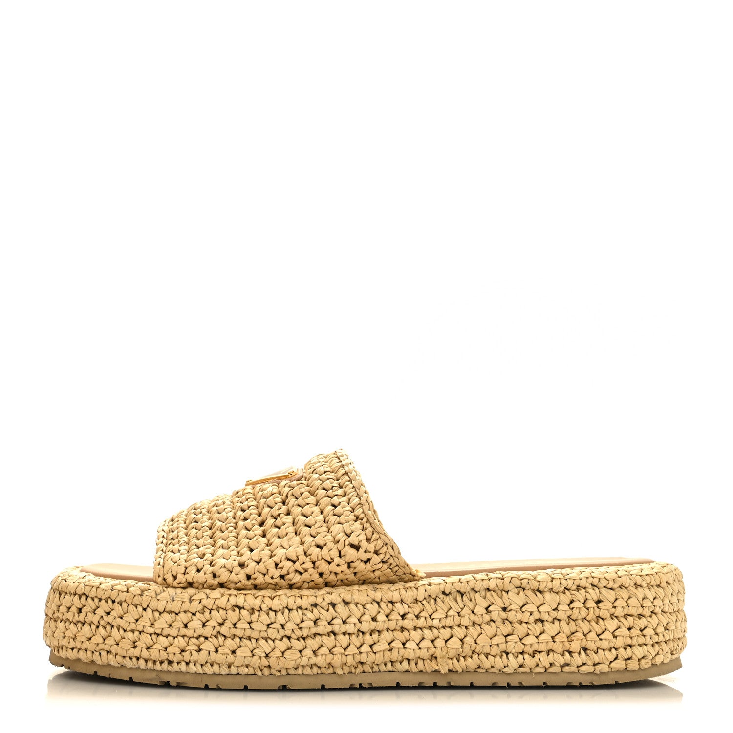Prada Raffia Metal Triangle Logo Woven Flatform 35mm Slide Sandals 37 Naturale 1 of 10