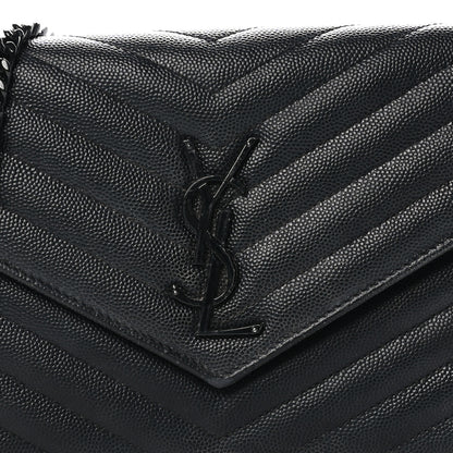 Saint Laurent Grain De Poudre Matelasse Chevron Monogram Monochrome Chain Wallet Black 7 of 9