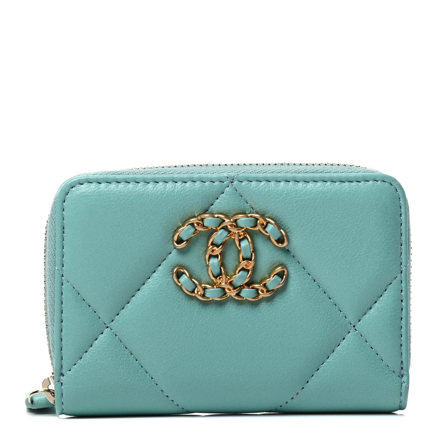 Chanel Lambskin Quilted Chanel 19 Zip Around Coin Purse Wallet Light Green 1 of 8