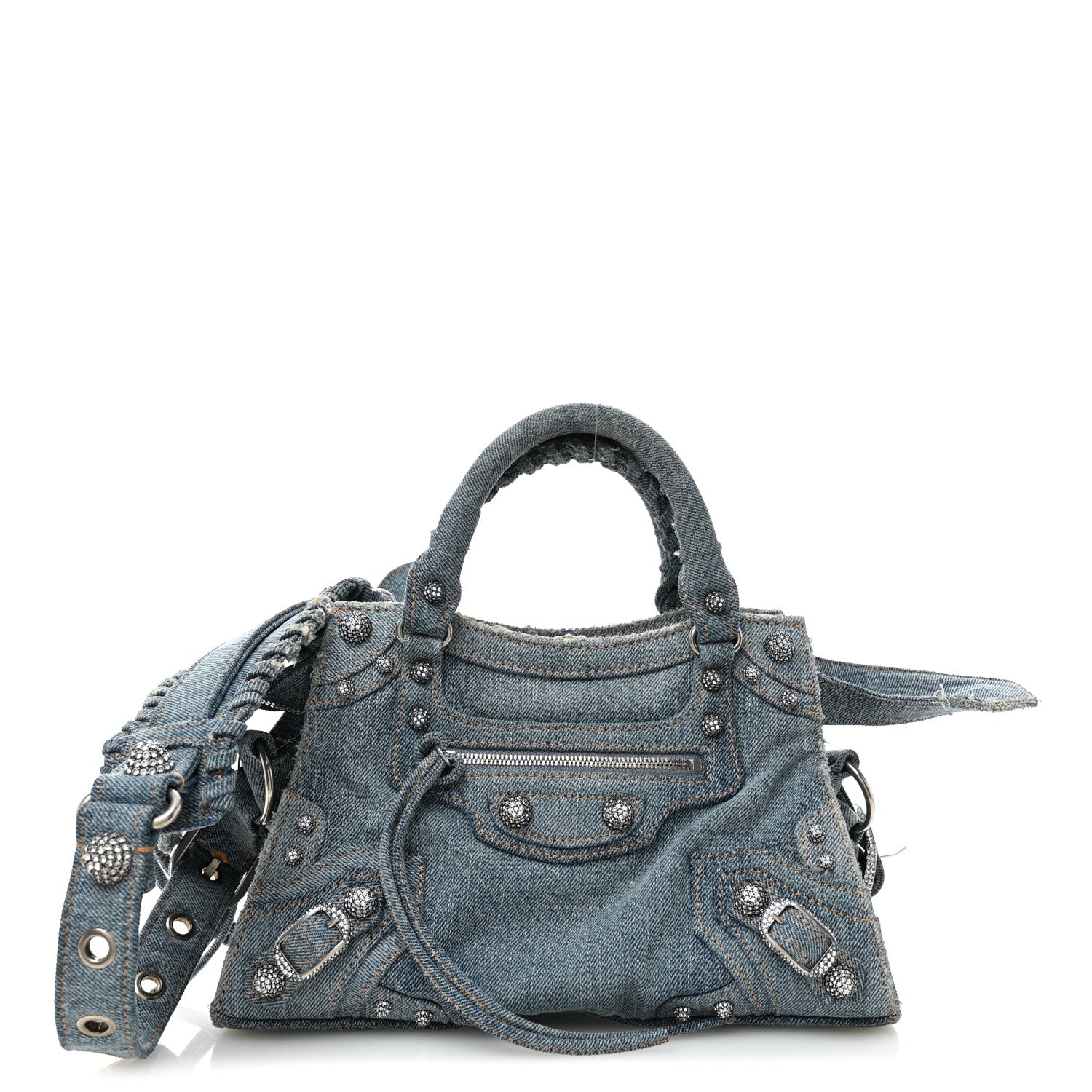 Balenciaga Washed Frayed Denim Crystal Neo Cagole Handbag XS Blue