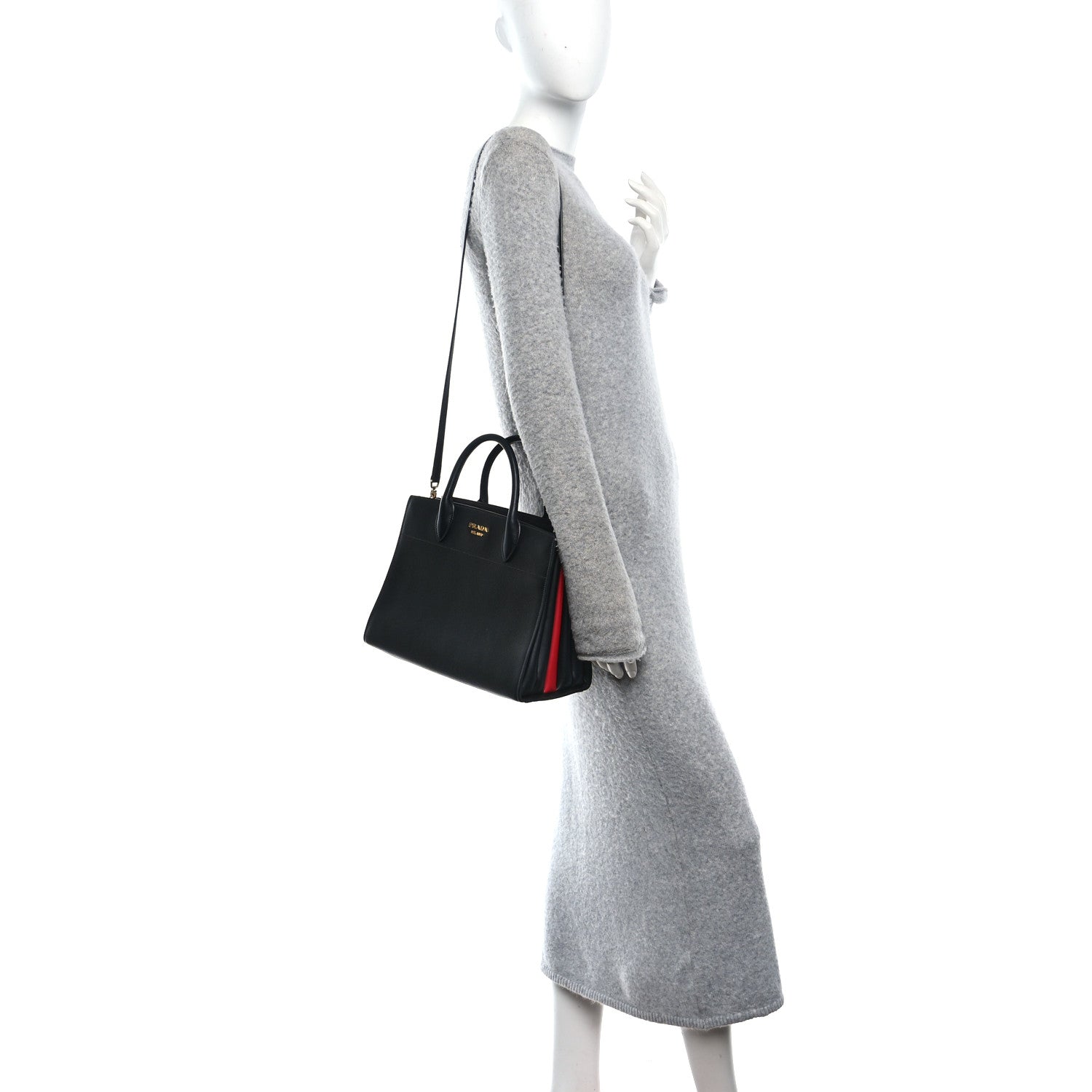 Prada Saffiano City Calfskin Medium Bibliothèque Top Handle Black Fuoco 2 of 10
