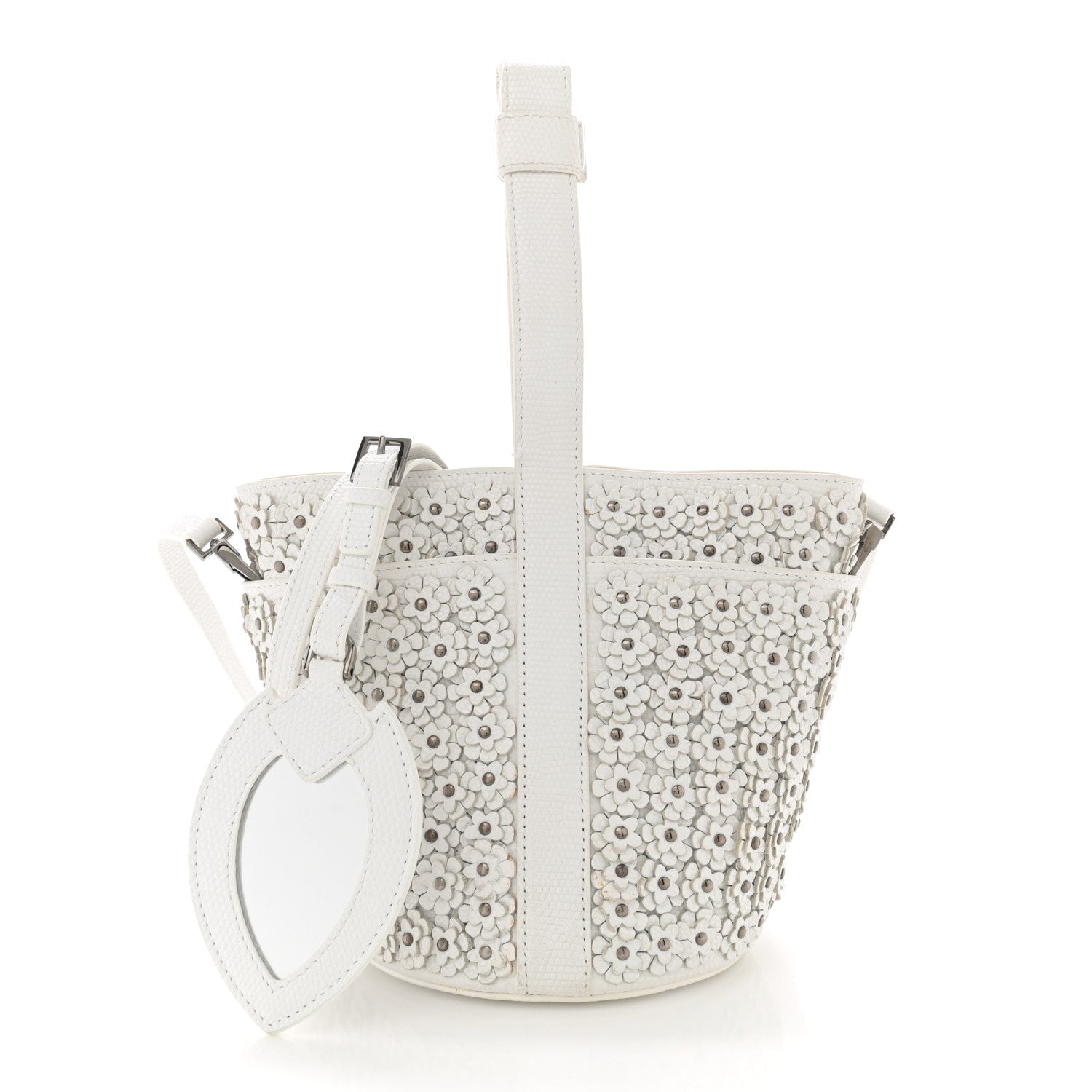 Alaia Lizard Embossed Calfskin Flower Applique Bucket Bag White 3 of 17