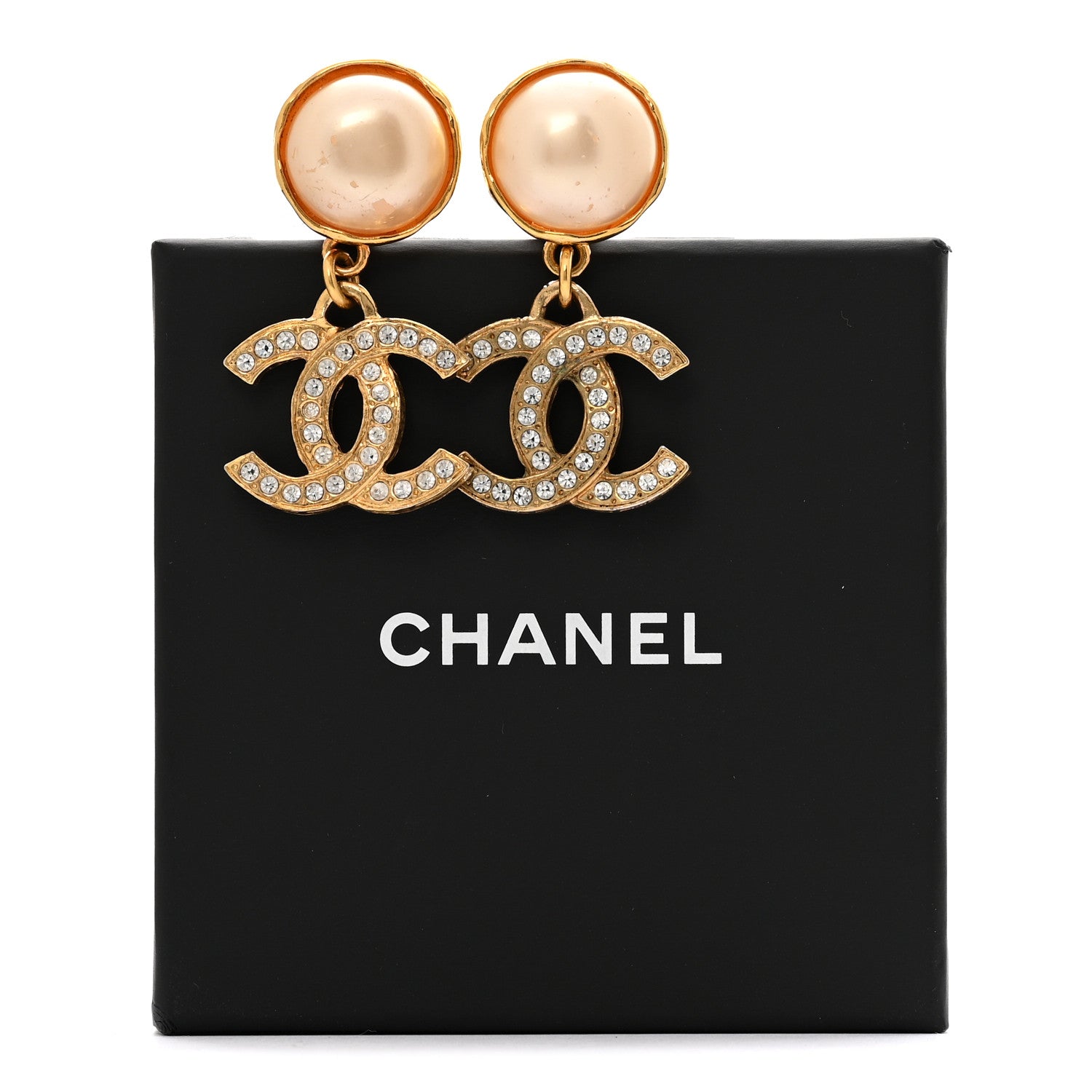 Chanel Pearl Crystal CC Drop Clip On Earrings Gold 8 of 8