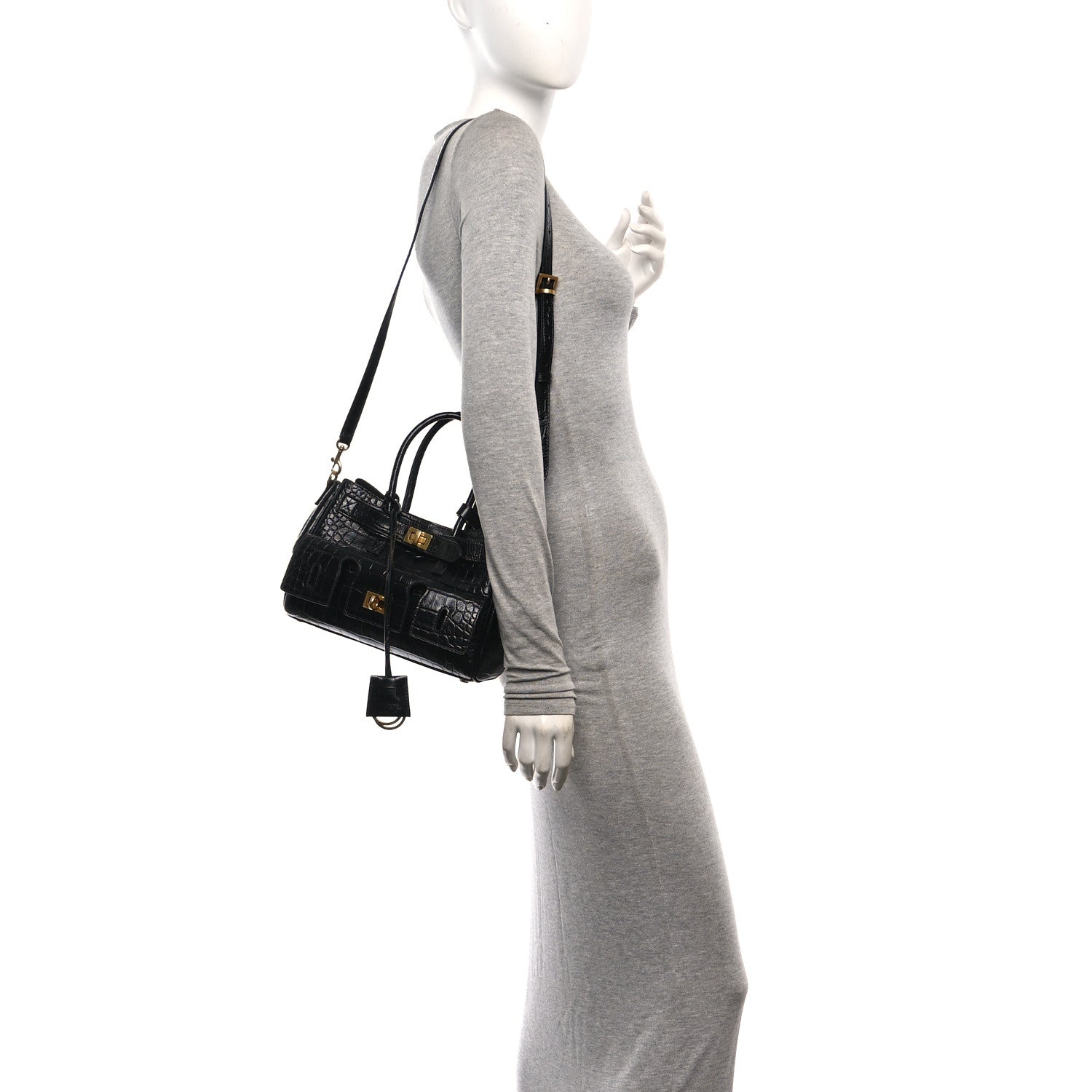 Balenciaga Calfskin Crocodile Embossed Mini Bel Air Carry All Bag Black 2 of 12