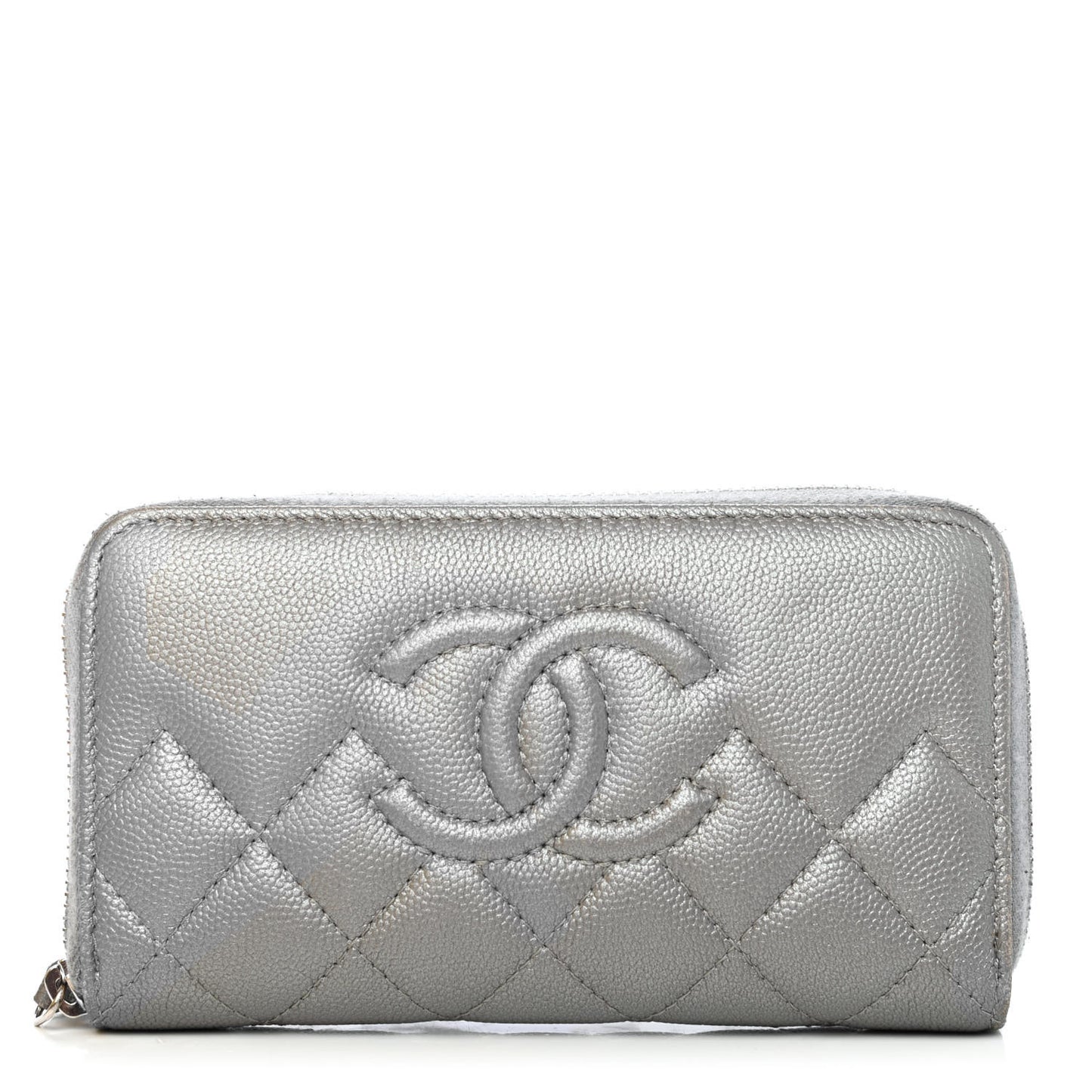 Metallic Caviar Quilted Medium Maxi CC Zip Around Wallet Grey