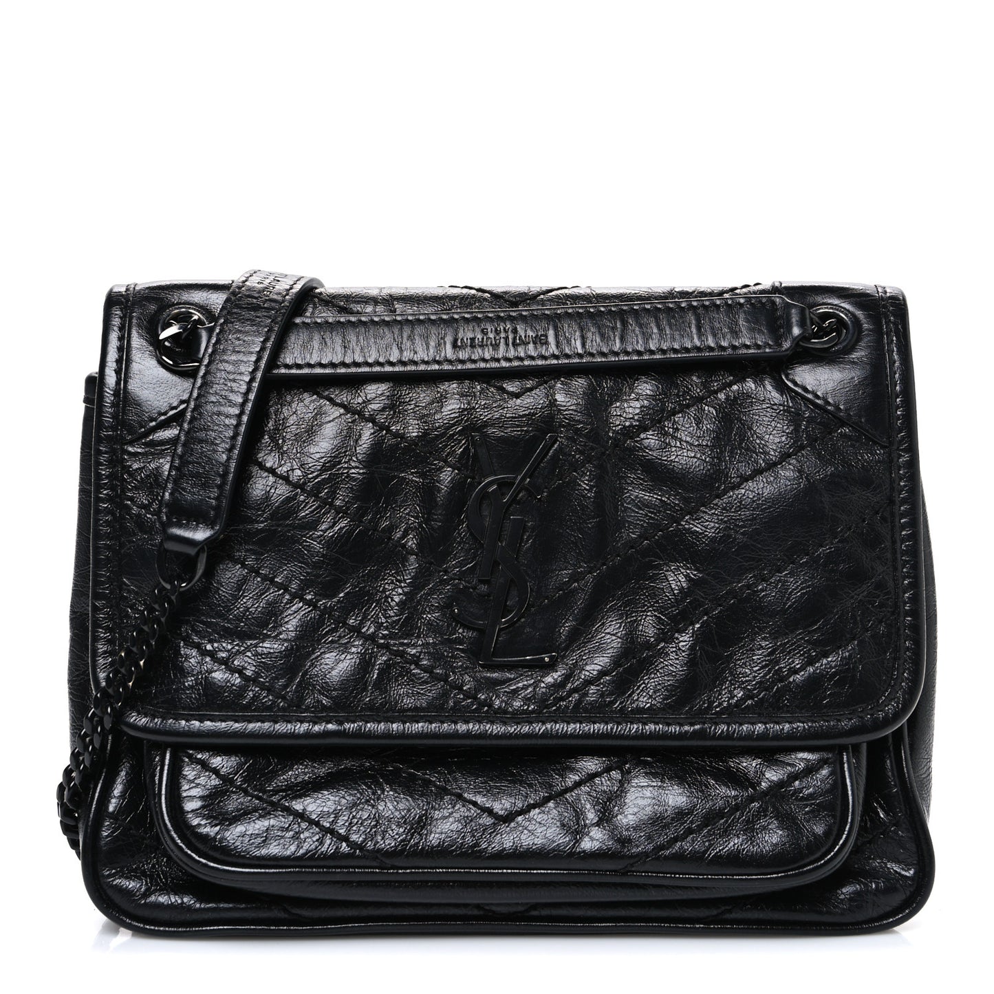 Crinkled Calfskin Matelasse Monogram Baby Niki Chain Satchel Black