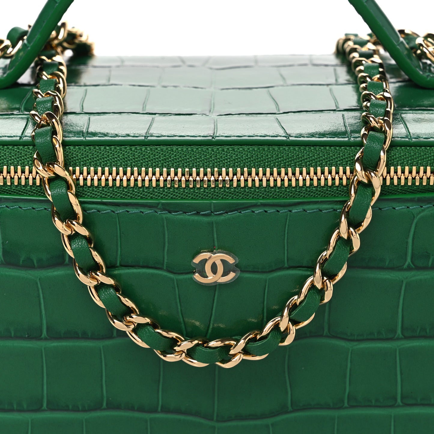 Calfskin Crocodile Embossed Exoticoco Small Top Handle Vanity Case With Chain Emerald