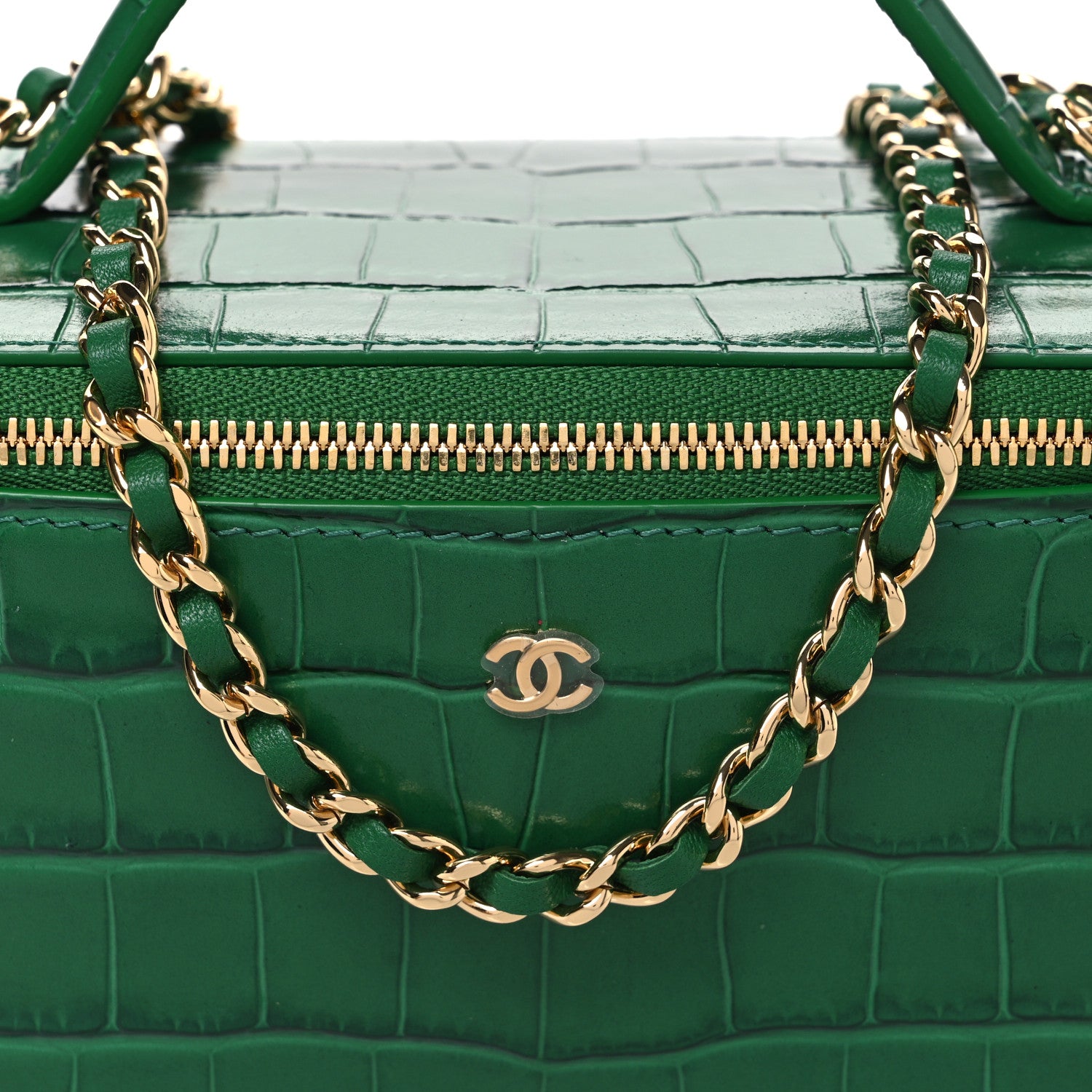 Chanel Calfskin Crocodile Embossed Exoticoco Small Top Handle Vanity Case With Chain Emerald 8 of 10