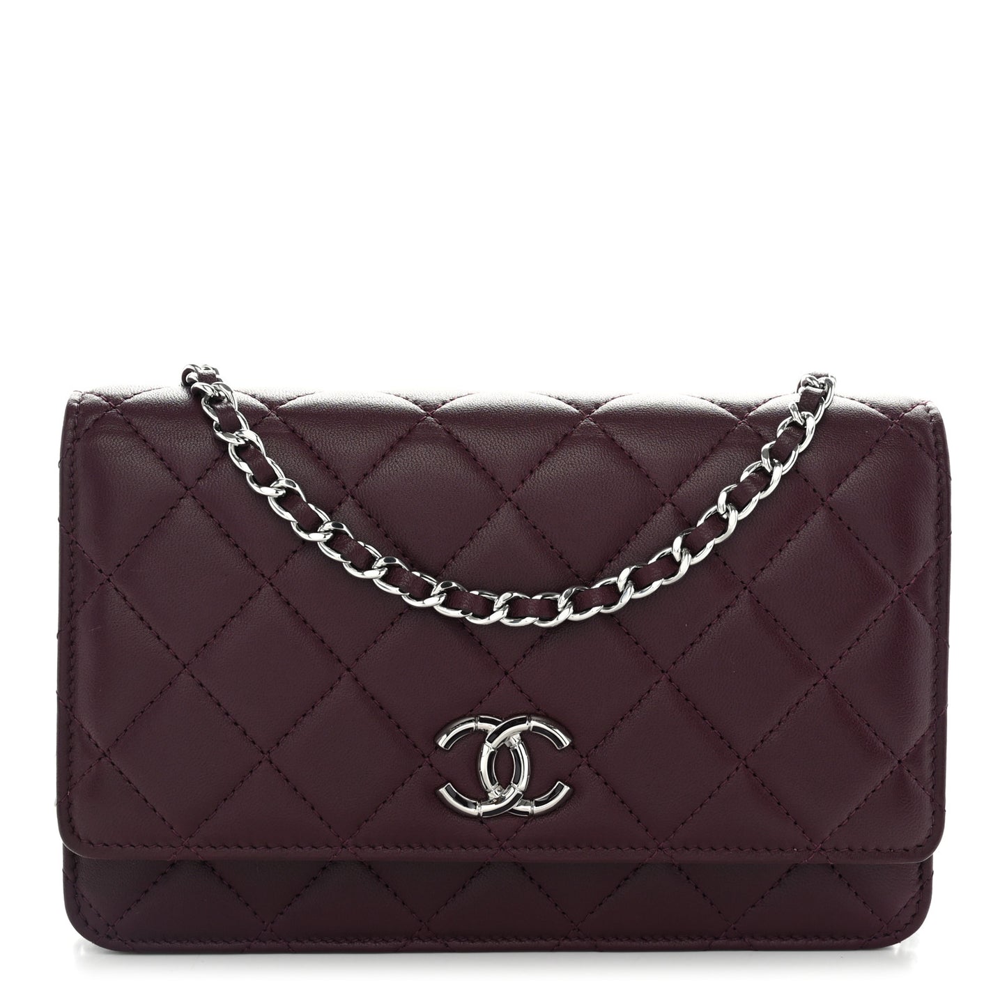 Lambskin Quilted Enamel CC Wallet On Chain WOC Burgundy