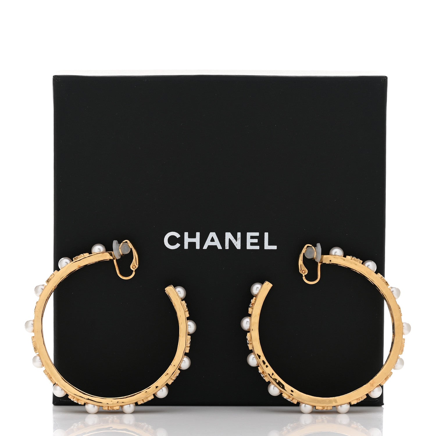 Chanel Crystal Pearl CC Hoop Earrings Gold Pearly White 5 of 5