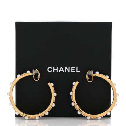 Chanel Crystal Pearl CC Hoop Earrings Gold Pearly White 5 of 5