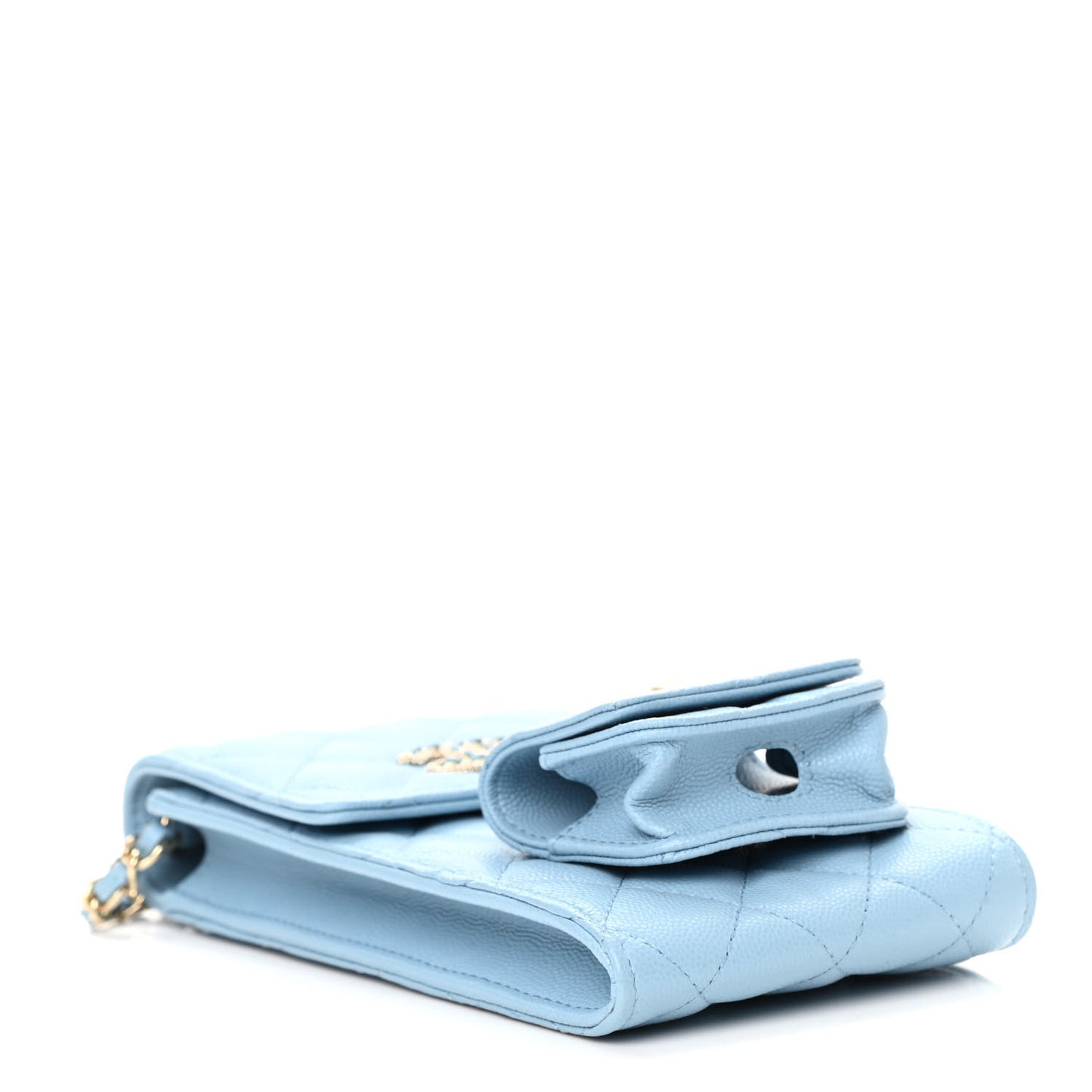 Caviar Quilted Crystal CC Airpods Pro and Phone Case With Chain Light Blue
