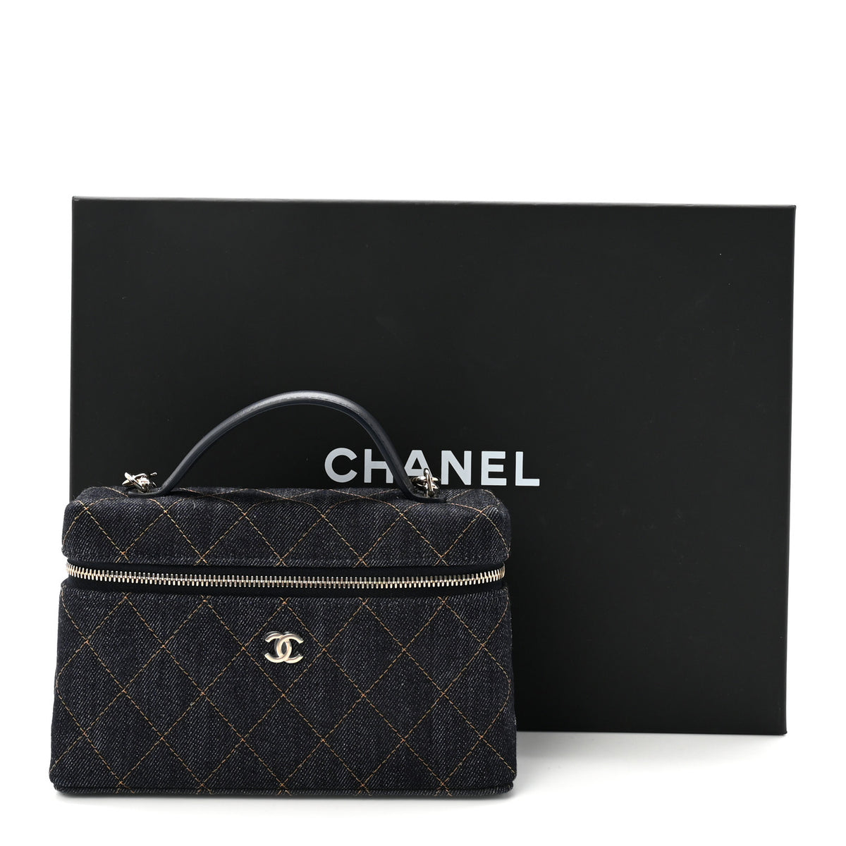 Chanel Denim Quilted Top Handle Slim Vanity Case With Chain Dark Blue Orange 11 of 11