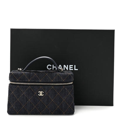 Chanel Denim Quilted Top Handle Slim Vanity Case With Chain Dark Blue Orange 11 of 11