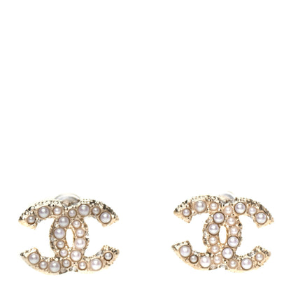 Chanel Pearl Crystal CC Stud Earrings Gold 1 of 5