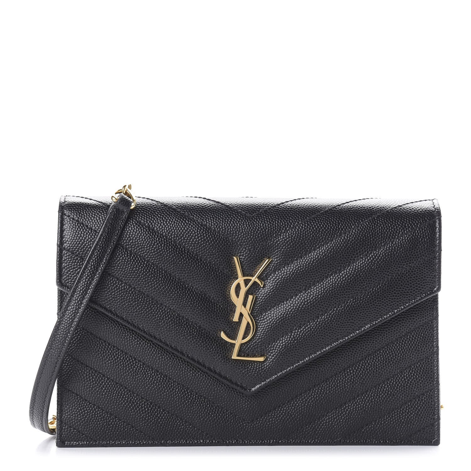 Saint Laurent Grain De Poudre Matelasse Chevron Monogram Envelope Chain Wallet Black 1 of 9