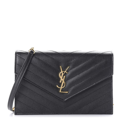 Saint Laurent Grain De Poudre Matelasse Chevron Monogram Envelope Chain Wallet Black 1 of 9