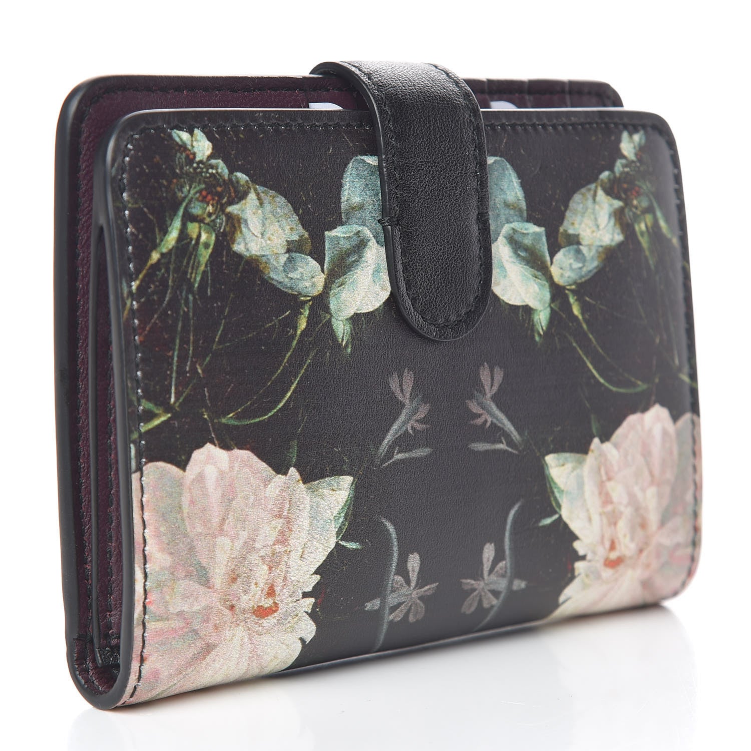 Alexander McQueen Calfskin Floral Print Skull French Wallet Black 3 of 8