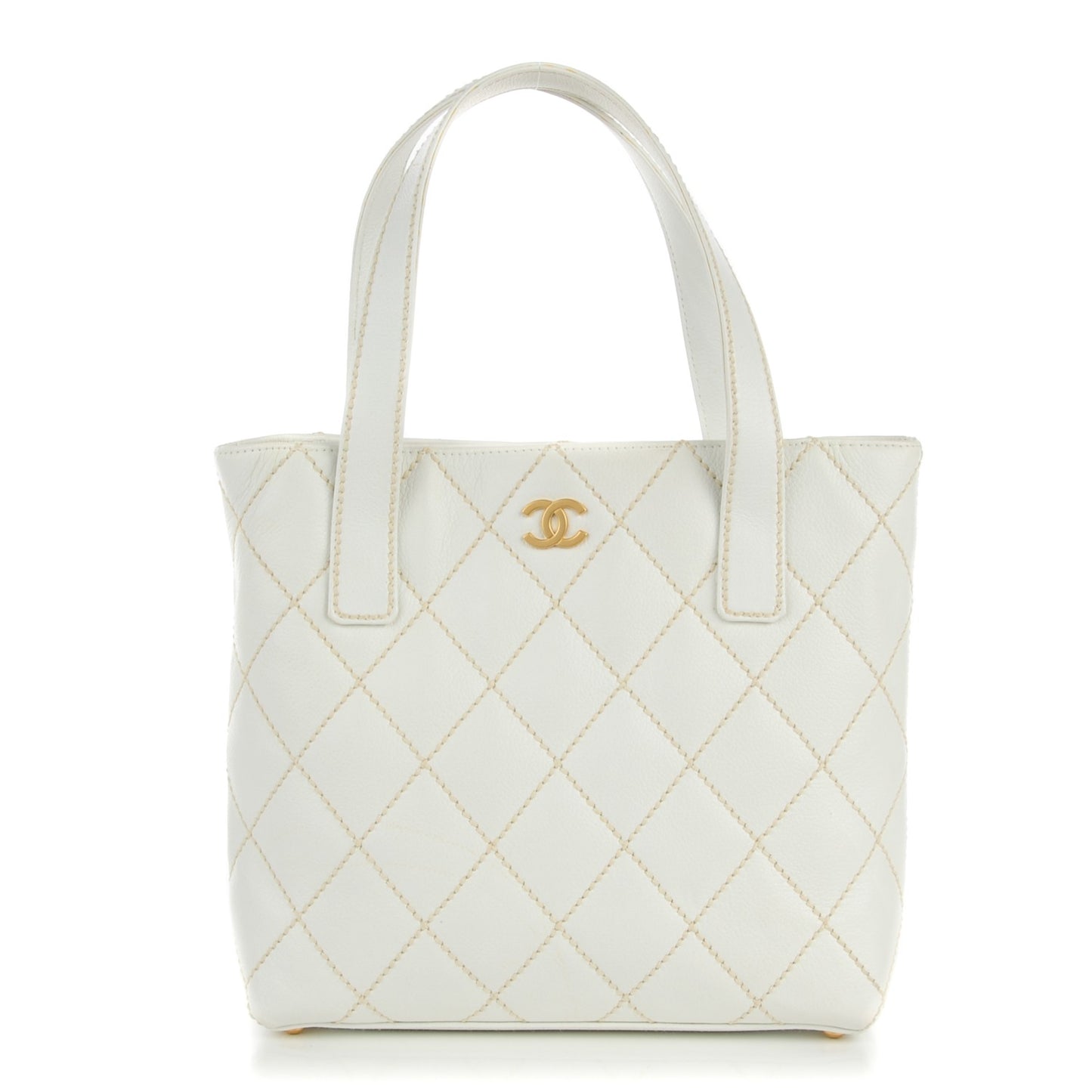 Calfskin Quilted Surpique Stitch Small Tote White