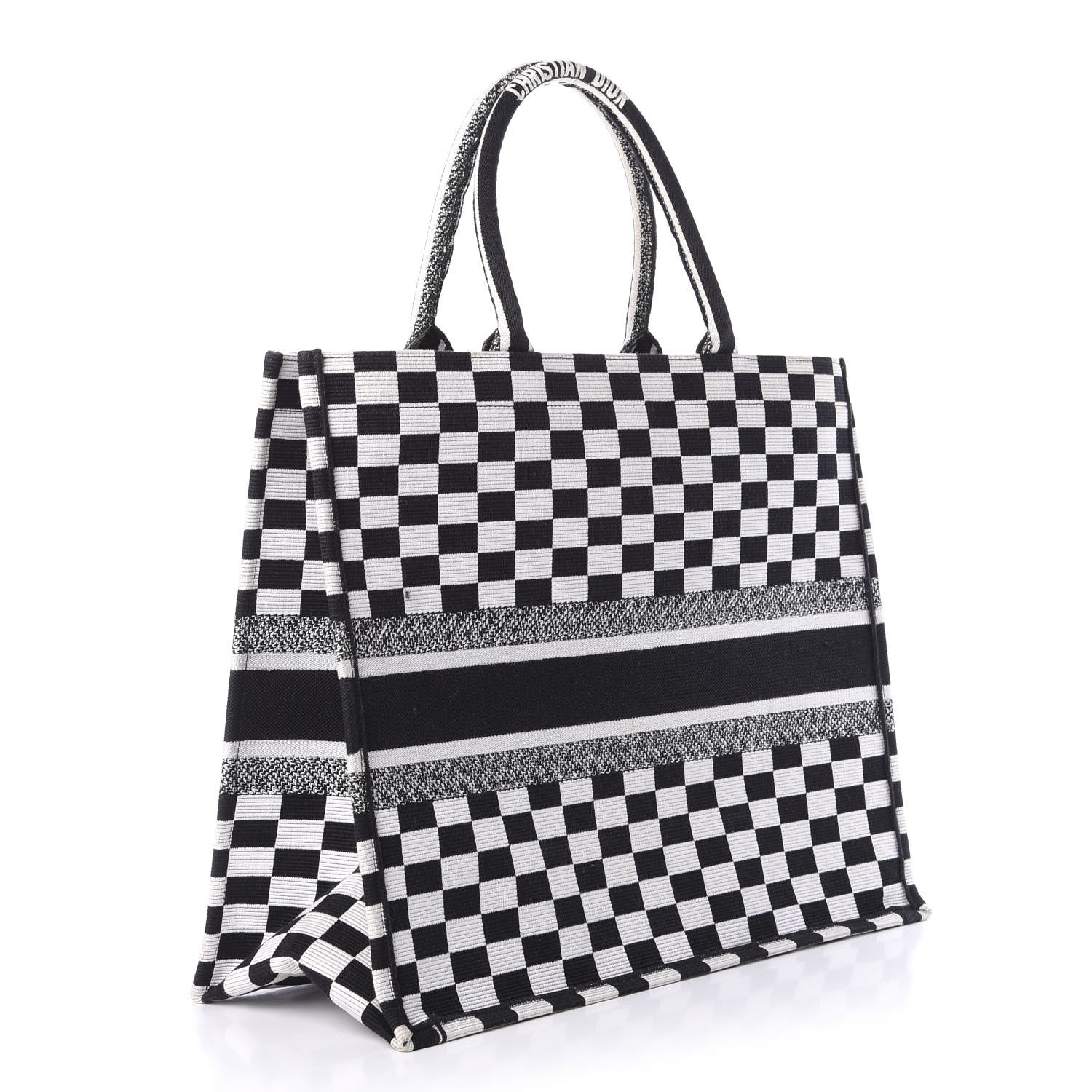 Christian Dior Canvas Embroidered Checkered Book Tote Black White 3 of 11