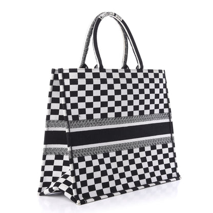 Christian Dior Canvas Embroidered Checkered Book Tote Black White 3 of 11