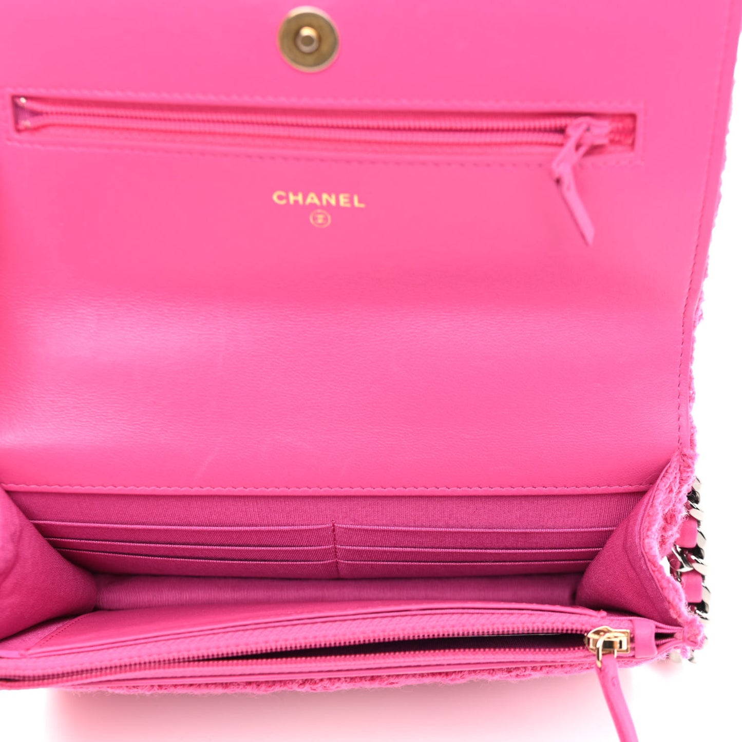 Wool Tweed Lambskin Quilted Chanel 19 Wallet On Chain WOC and Coin Purse Fuchsia