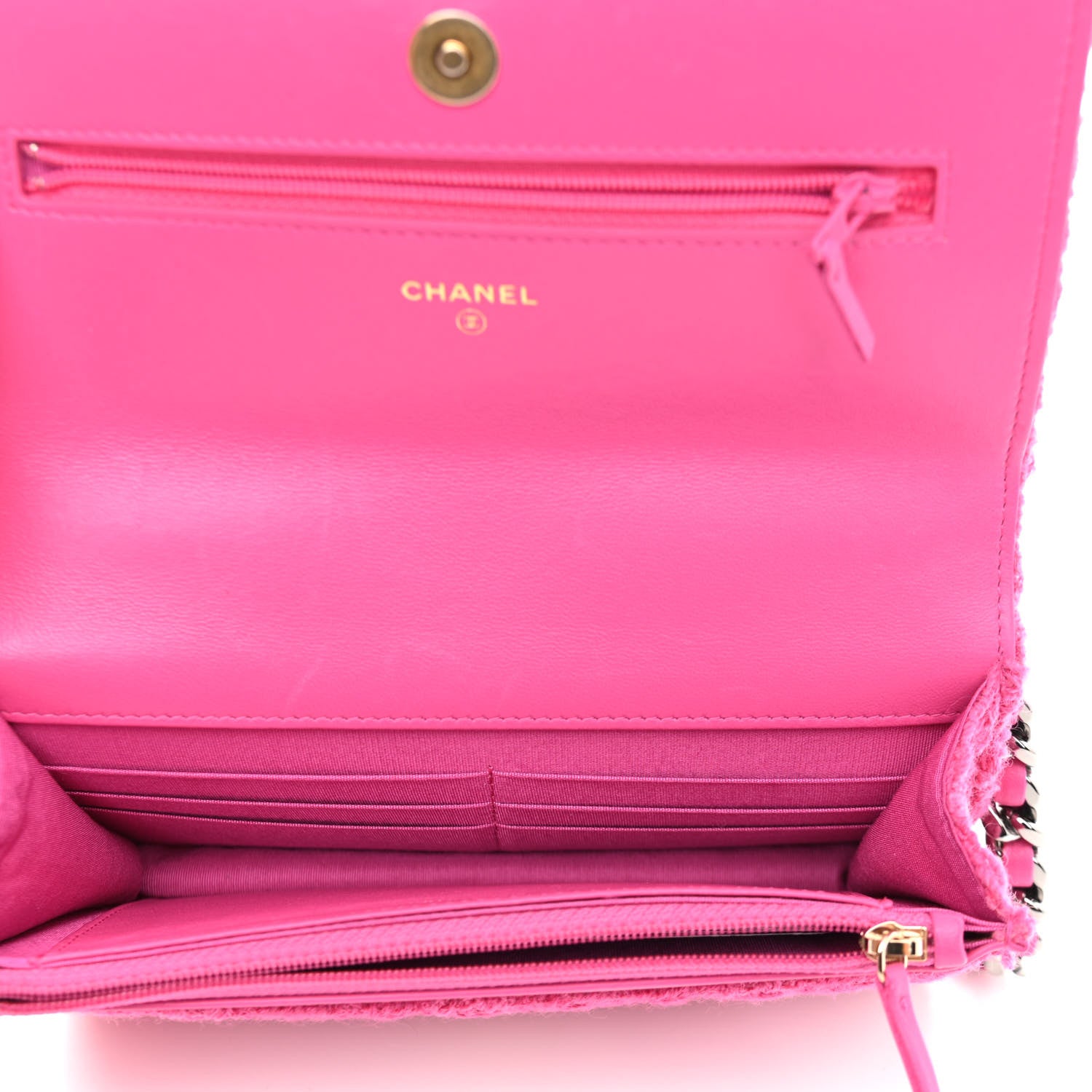 Chanel Wool Tweed Lambskin Quilted Chanel 19 Wallet On Chain WOC and Coin Purse Fuchsia 6 of 13