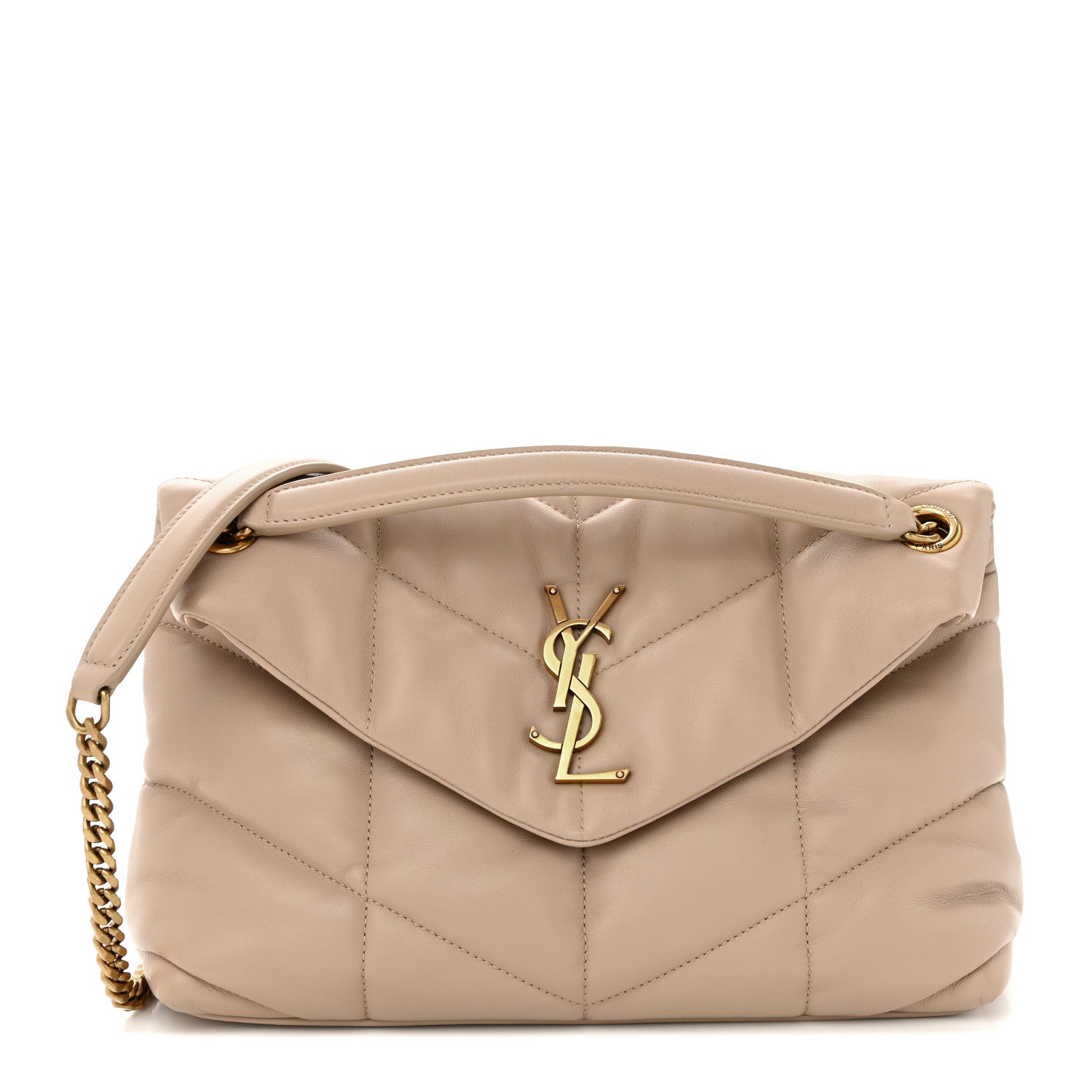 Saint Laurent Lambskin Quilted Small Loulou Puffer Monogram Chain Satchel Dark Beige 1 of 13